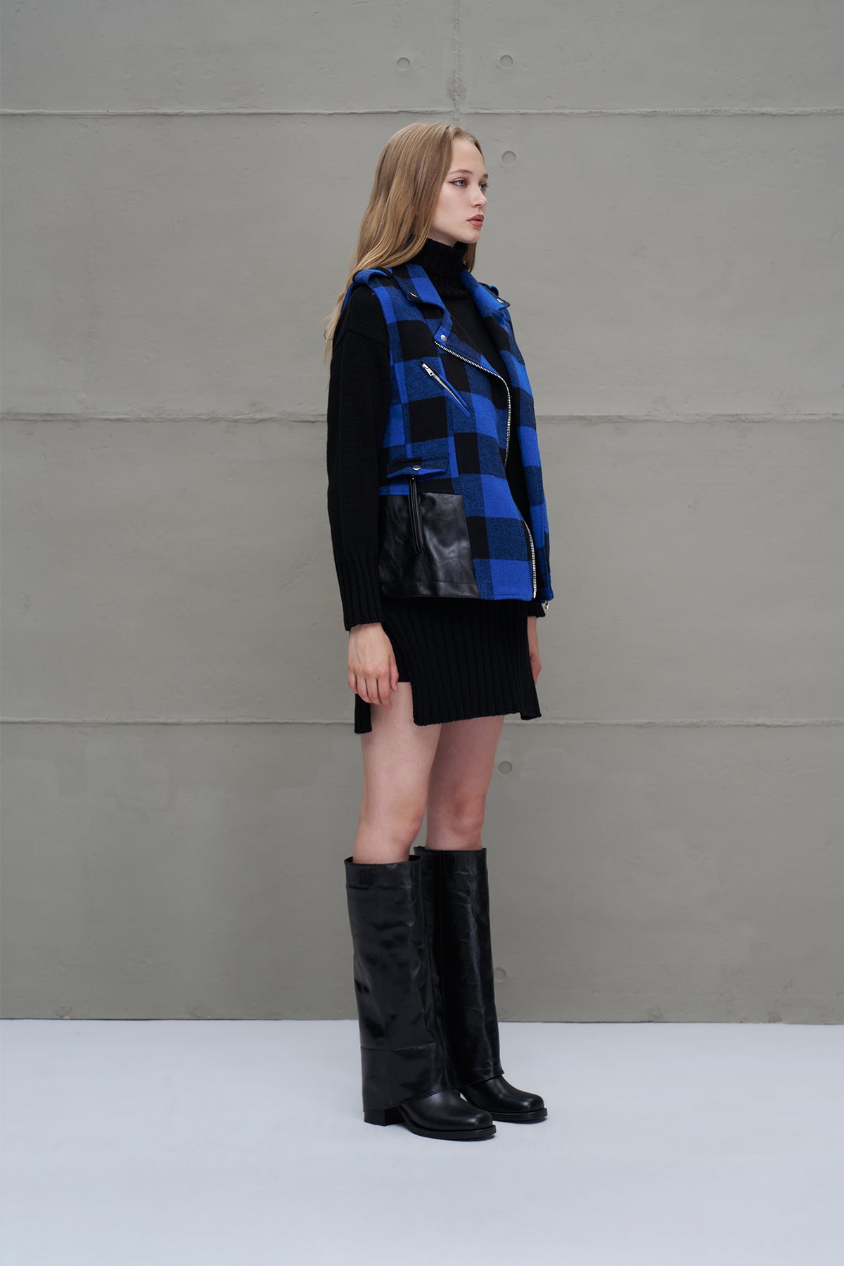 Blue Black Faux Leather Plaid Vest 18134