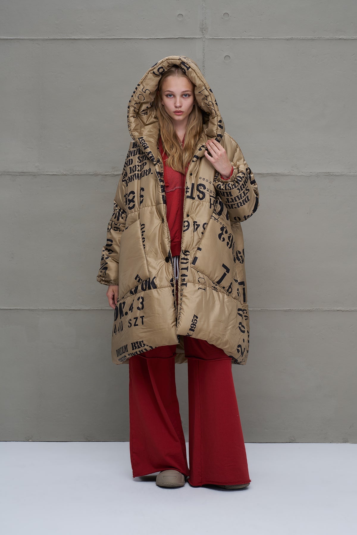 Beige Patterned Long Oversized Coat 18137