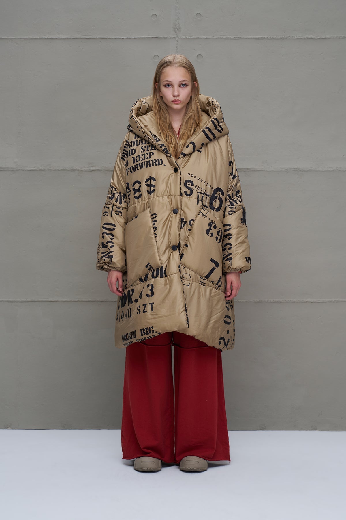 Beige Patterned Long Oversized Coat 18137