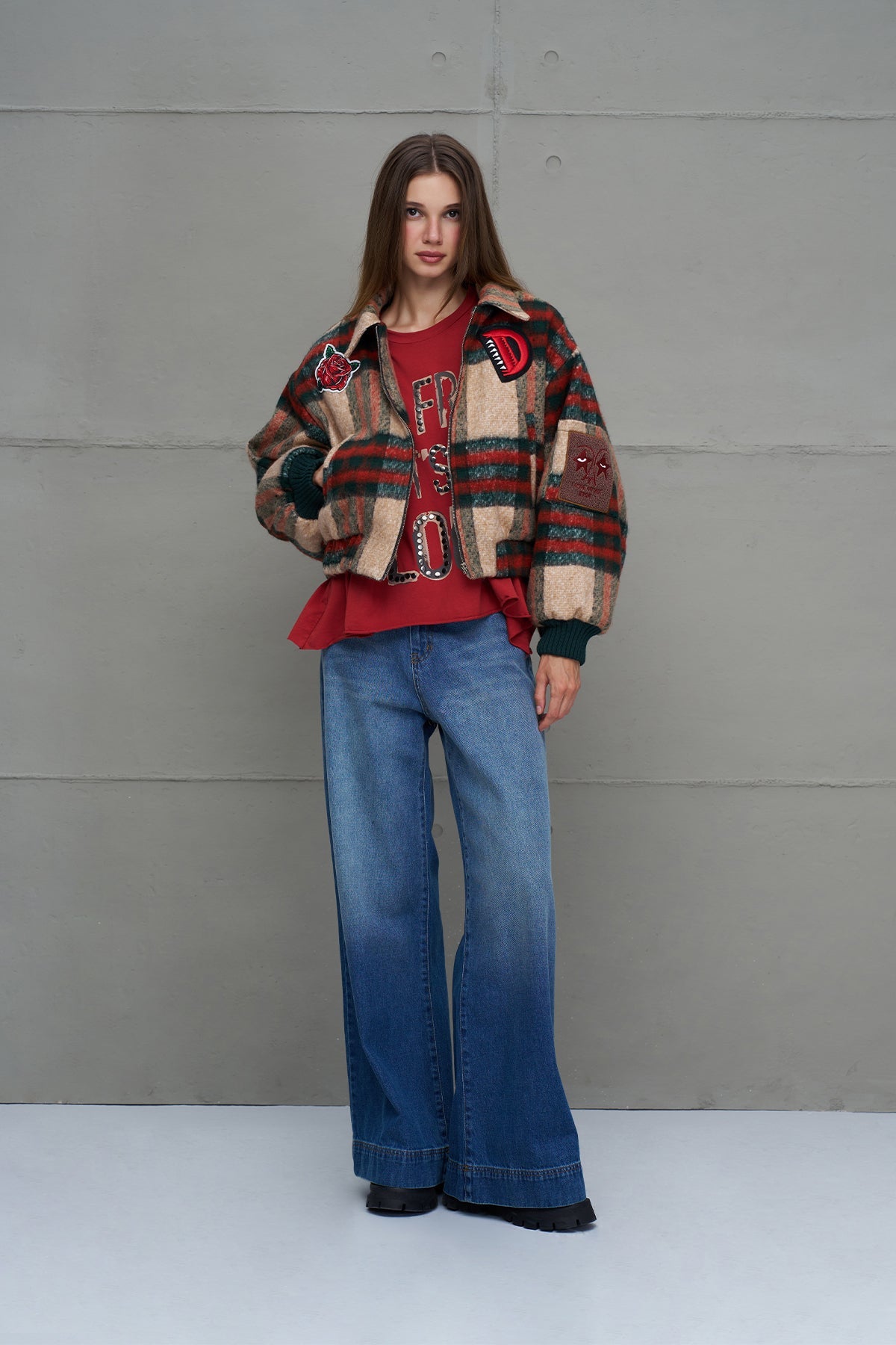 Beige Plaid Bomber Bomber Jacket 18142