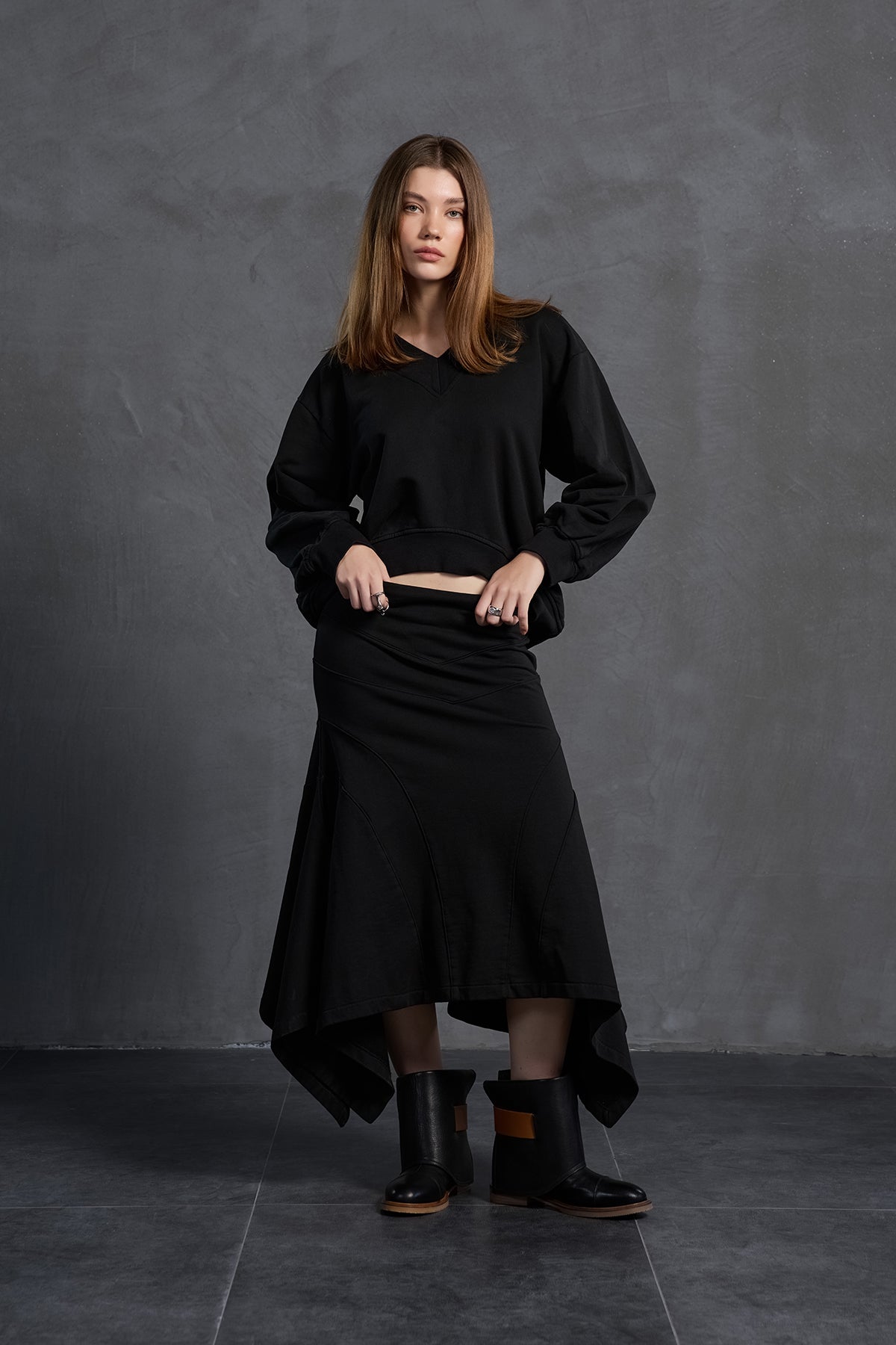 Black Asymmetric Cut Midi Skirt 18167