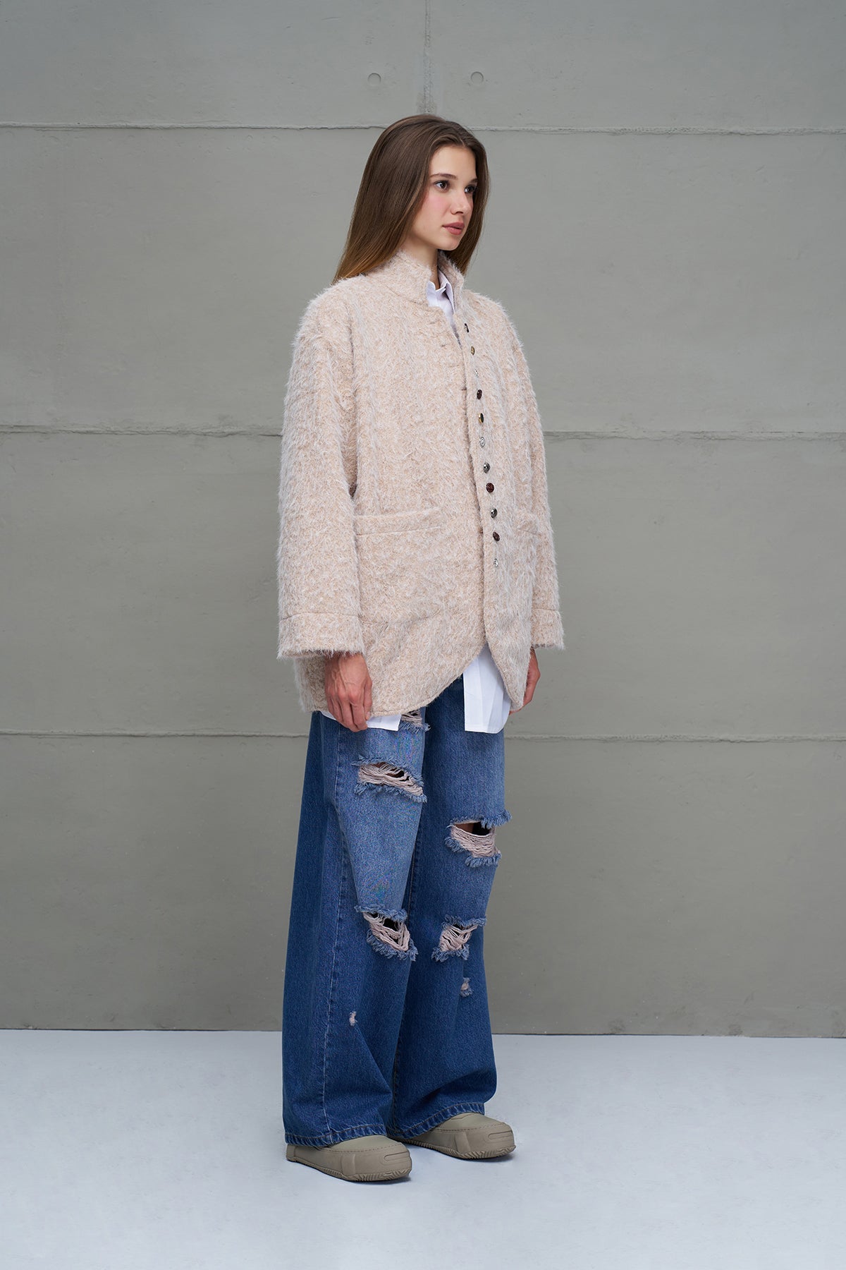 Beige Faux Fur Oversized Jacket 18187