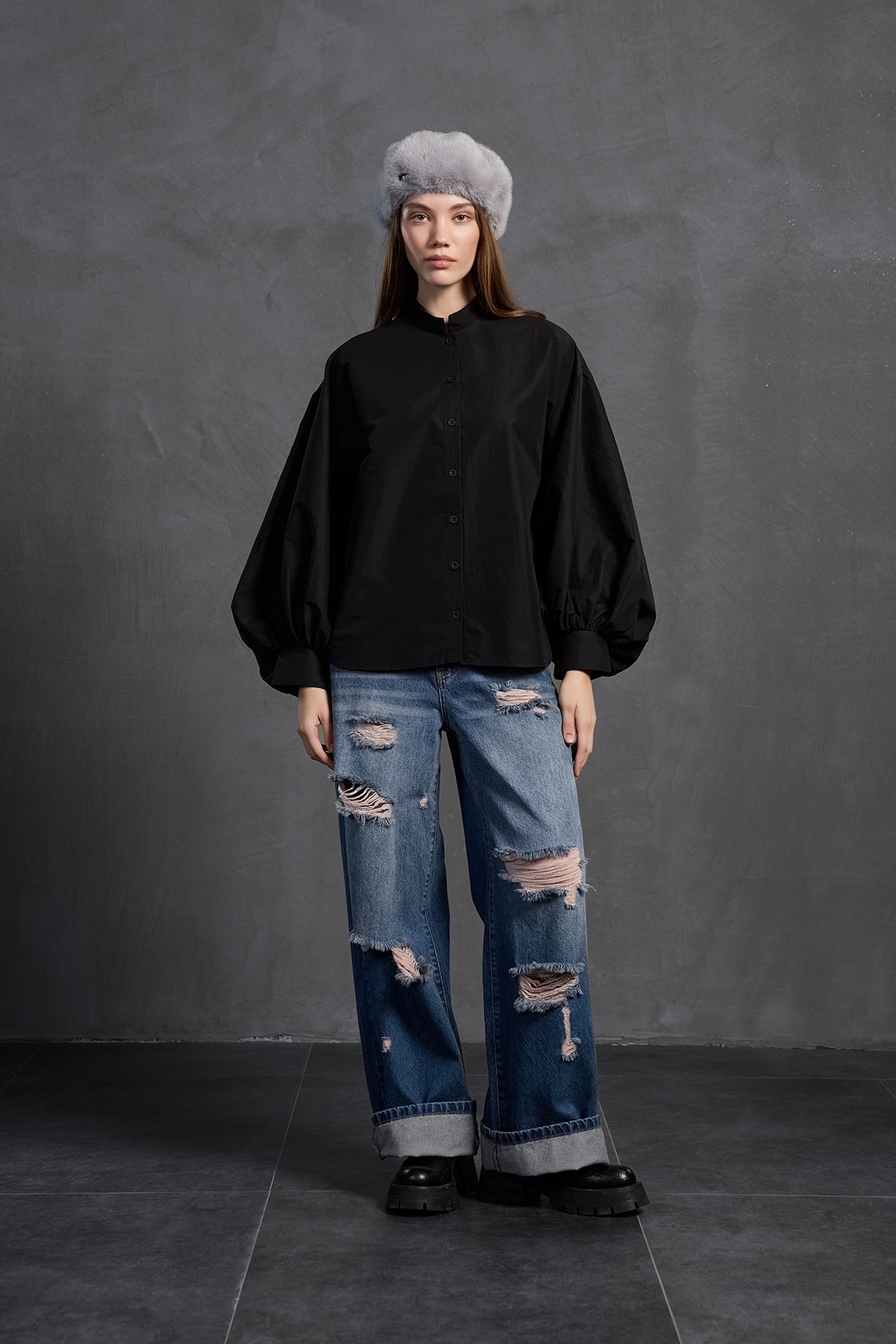 Black Balloon Sleeve Oversized Poplin Shirt 18195
