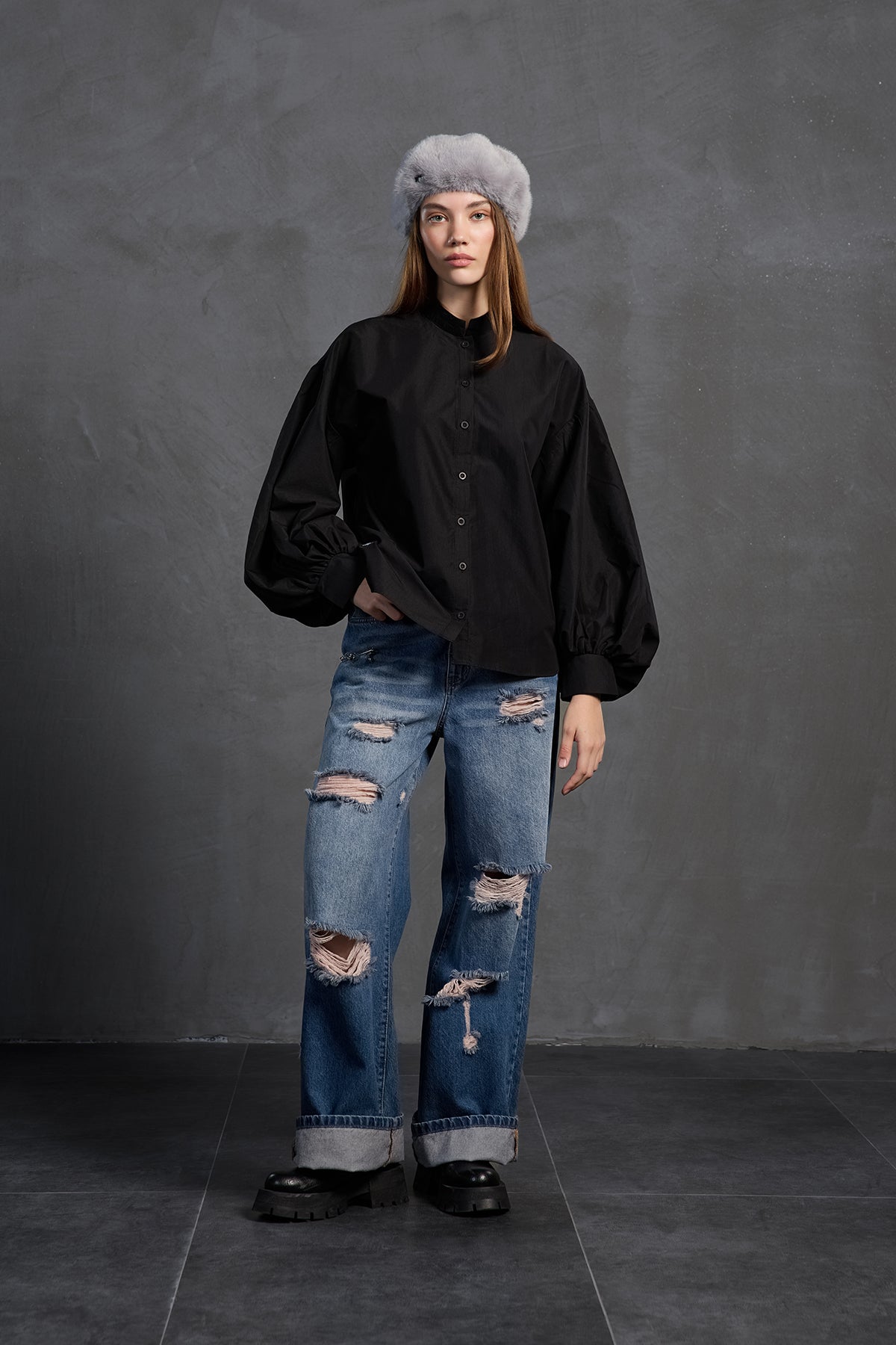 Black Balloon Sleeve Oversized Poplin Shirt 18195