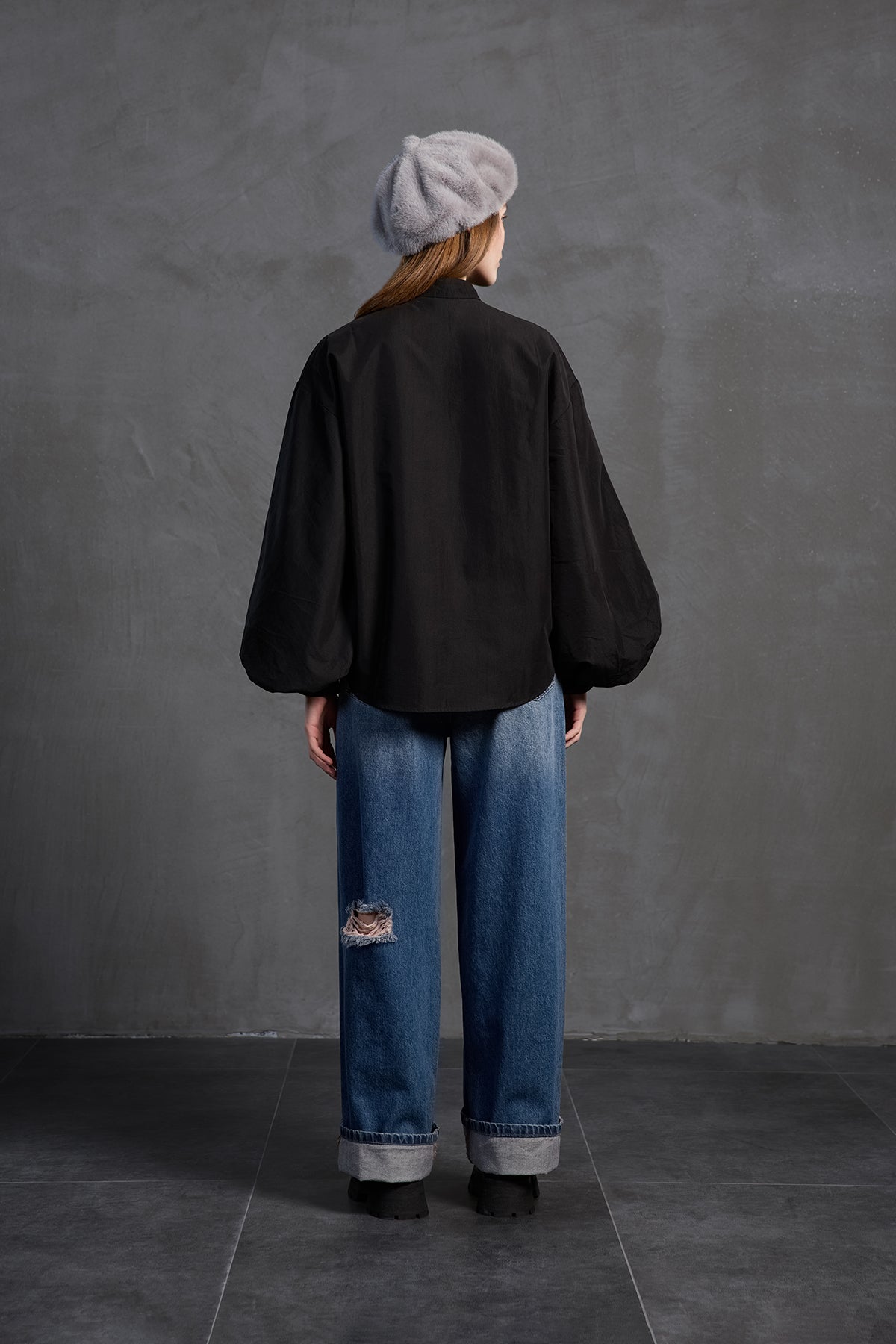 Black Balloon Sleeve Oversized Poplin Shirt 18195