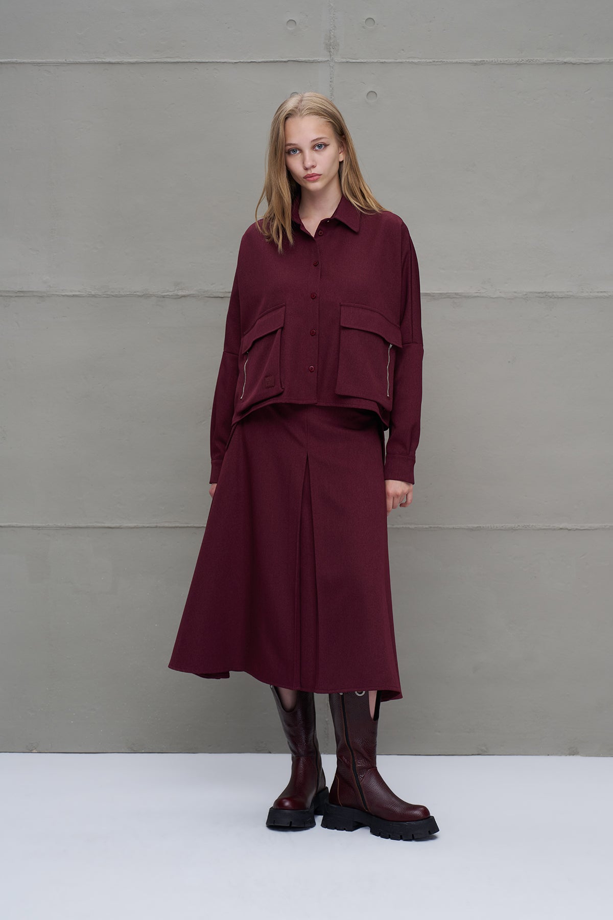 Burgundy Pleated Midi Skirt 18198