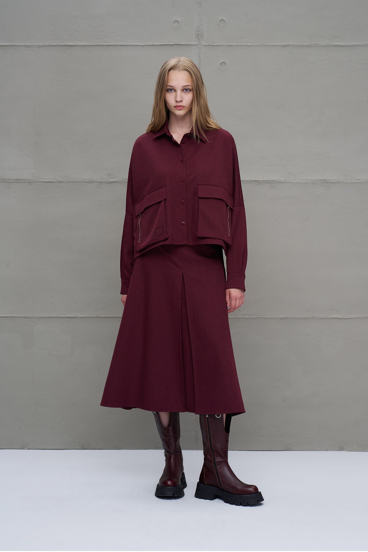 Burgundy Pleated Midi Skirt 18198