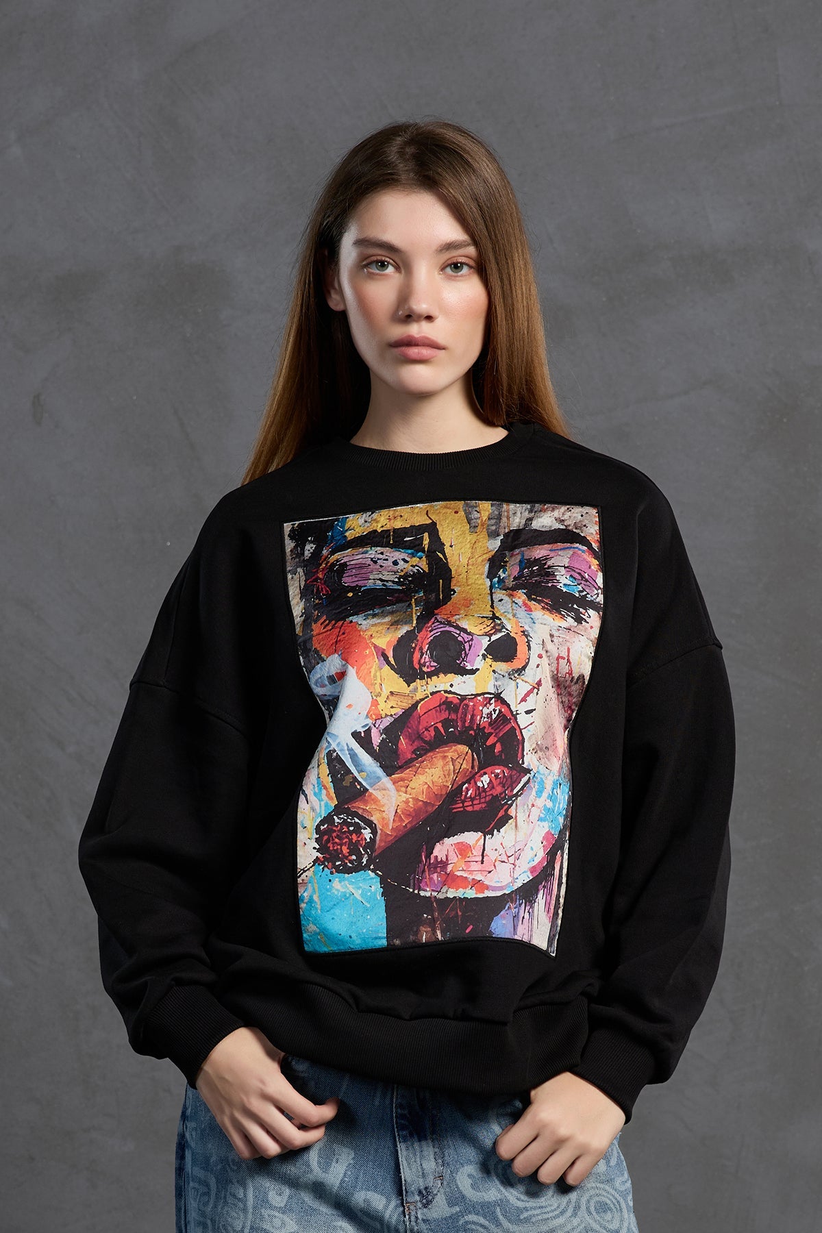 Black Pop-art Printed Oversized Sweatshirt 18216