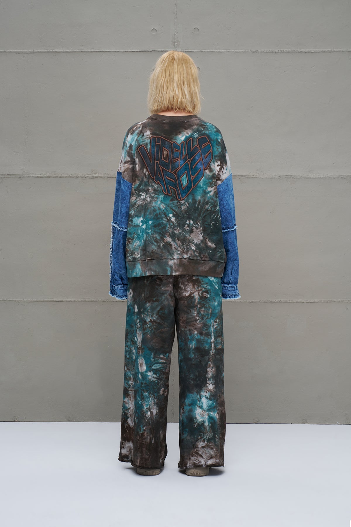Brown Green Denim Sleeve Tie-dye Oversized Sweatshirt 18221