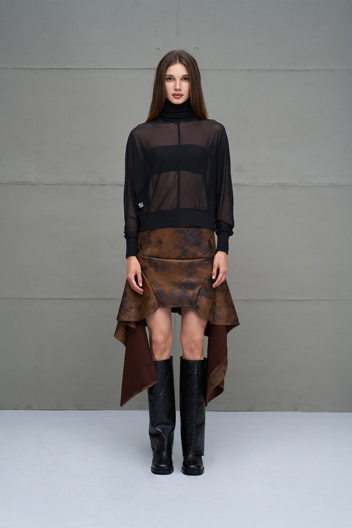 Camel Black Distressed Leather Look Asymmetric Skirt 18226