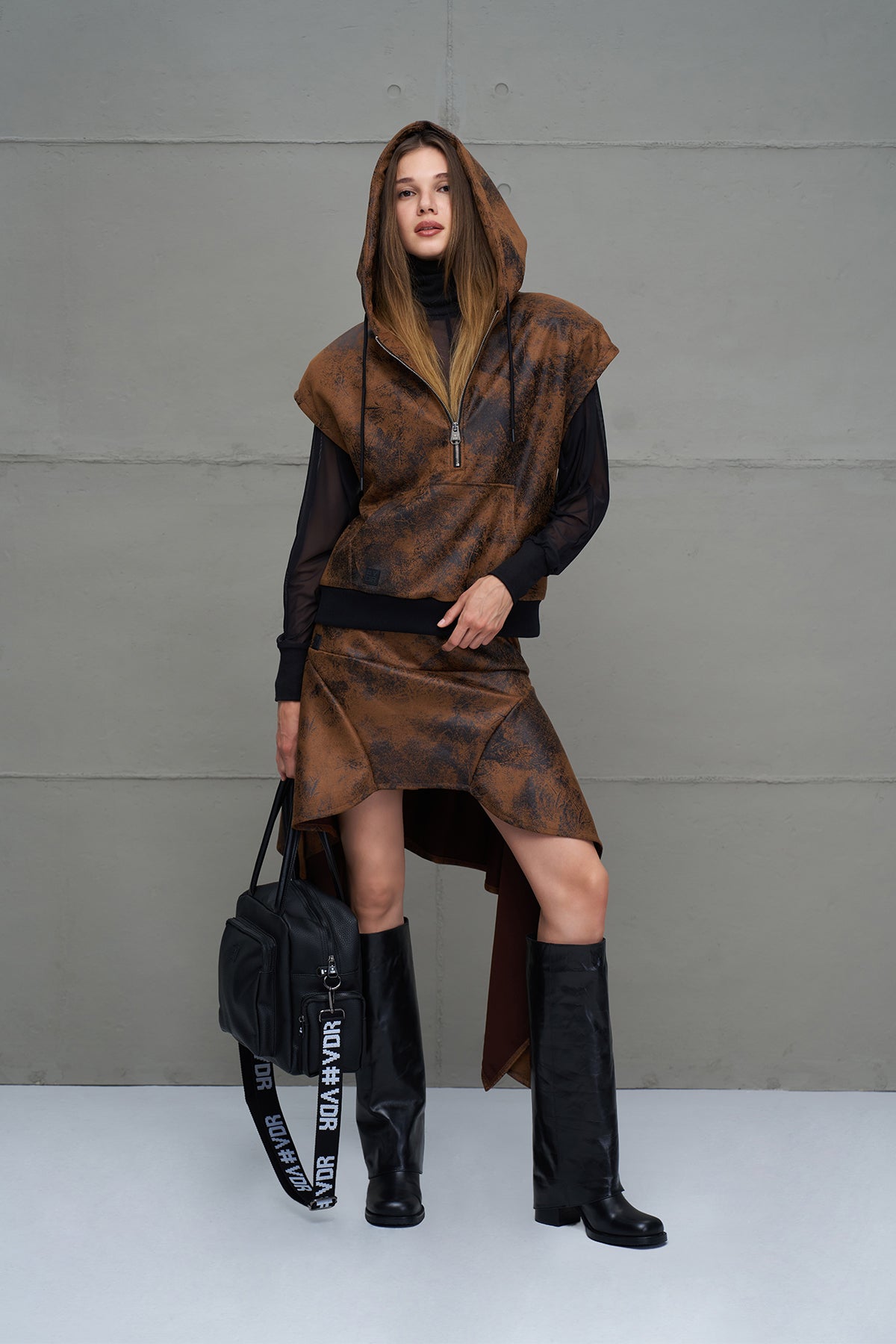 Camel Black Distressed Leather Look Sleeveless Sweatshirt 18227