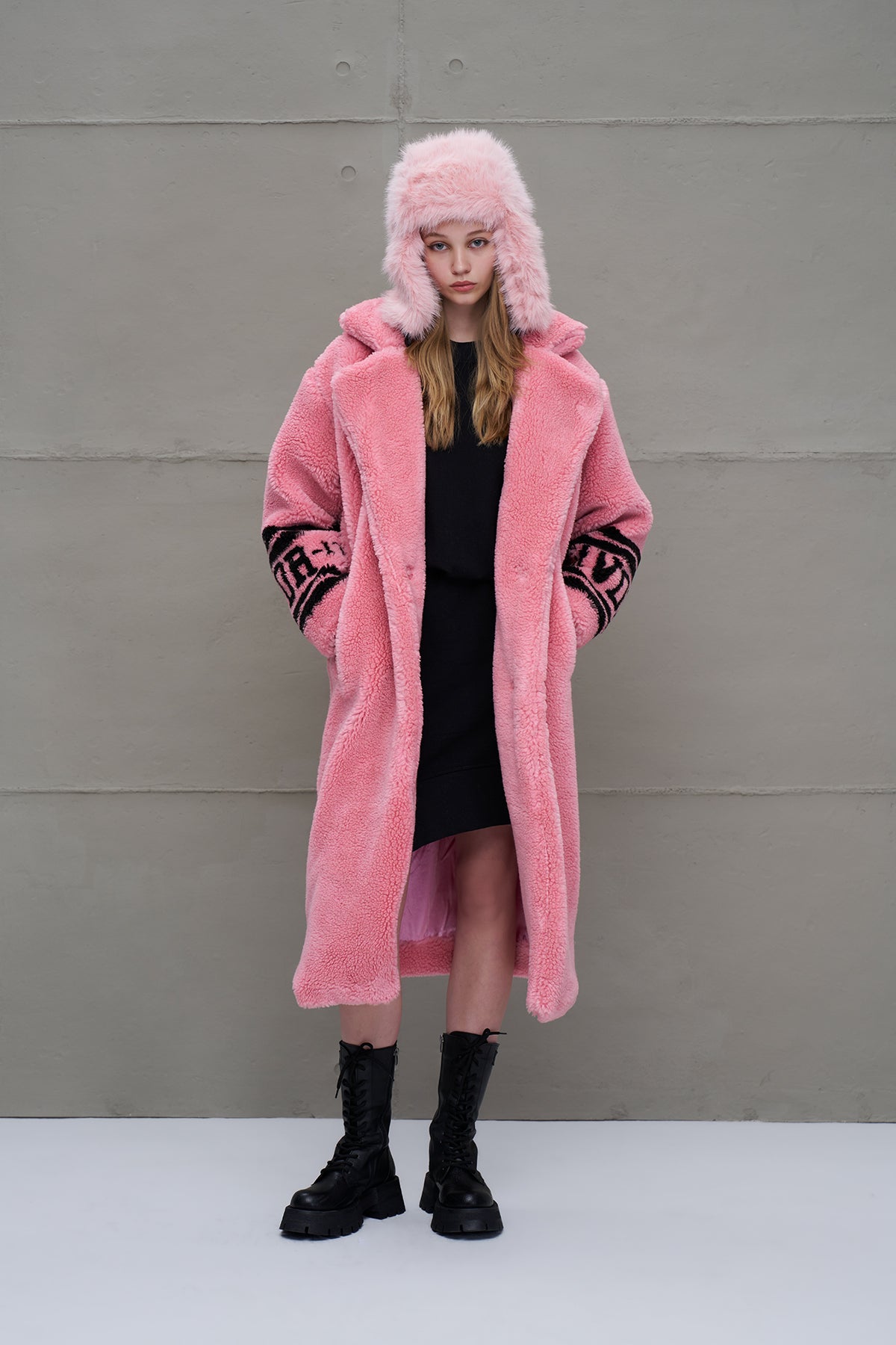 Pink Faux Fur Look Oversize Long Coat 18239