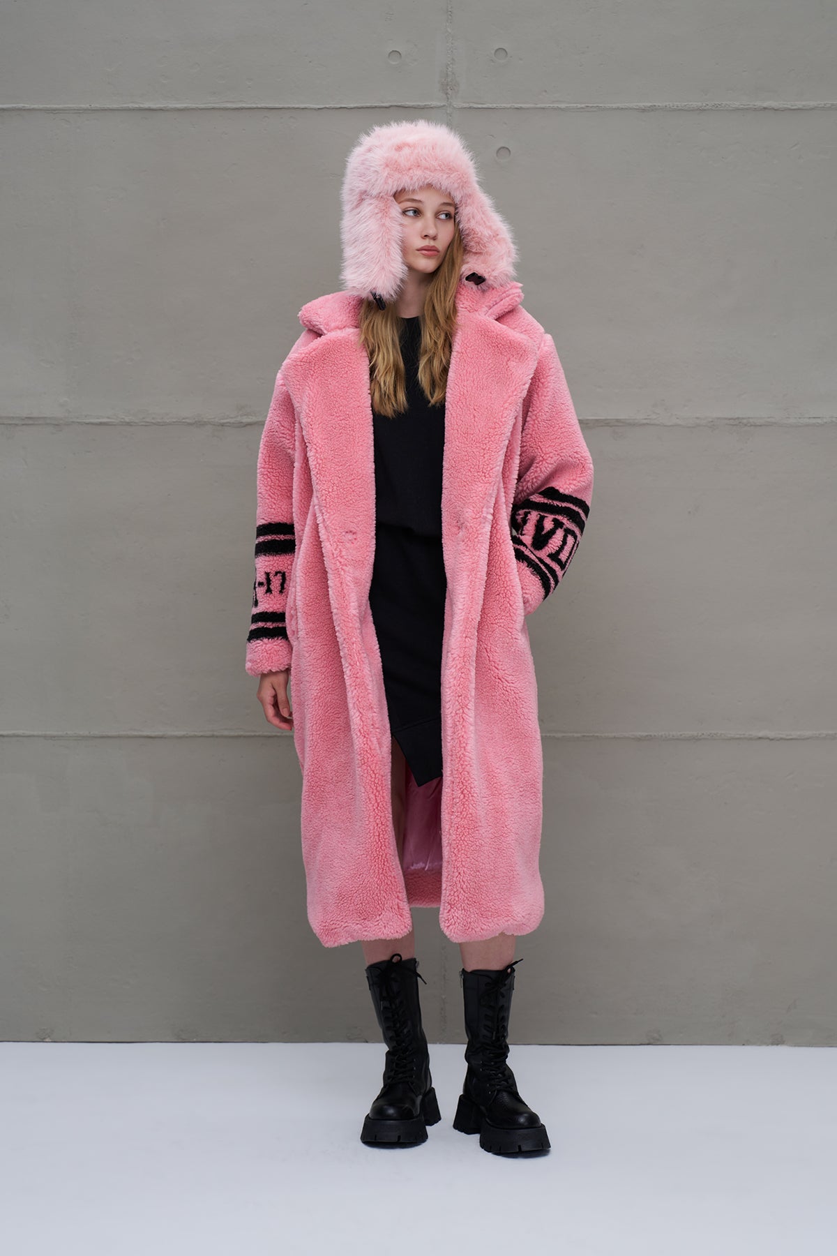 Pink Faux Fur Look Oversize Long Coat 18239