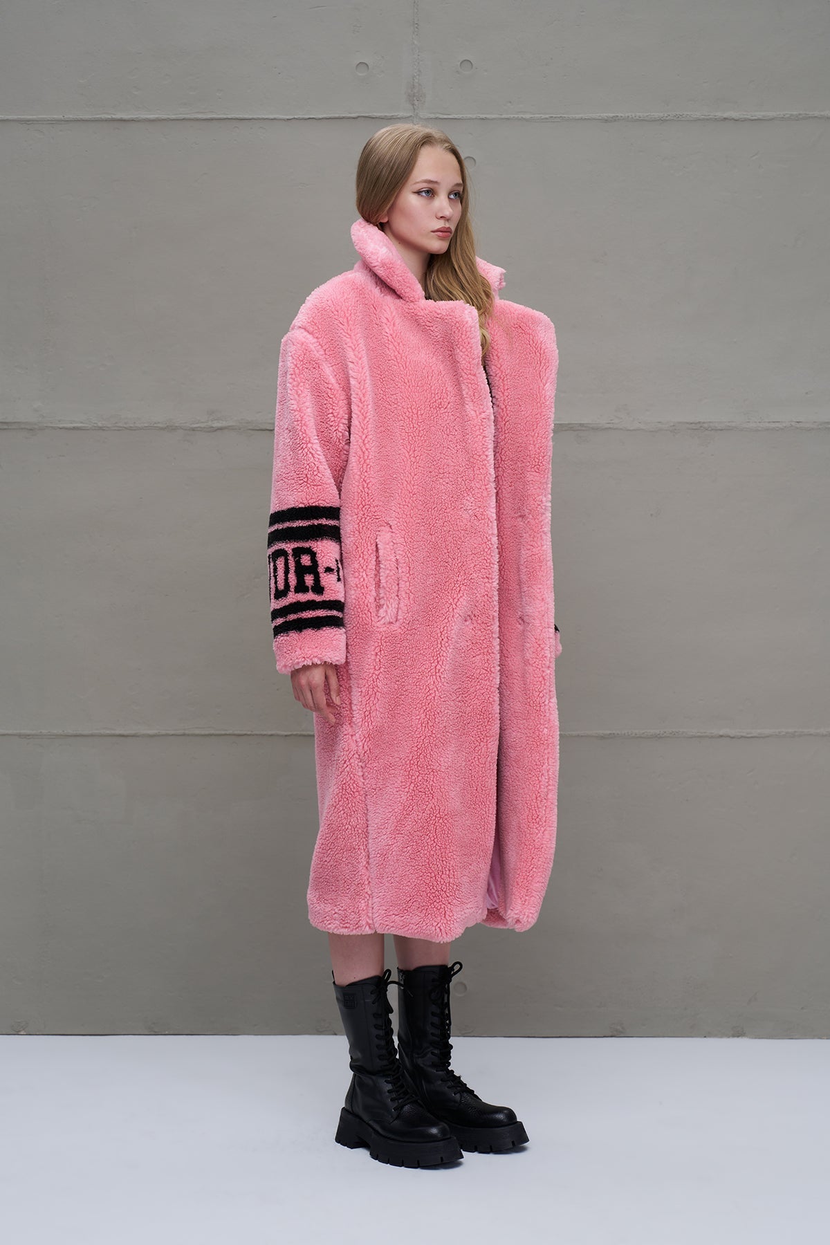Pink Faux Fur Look Oversize Long Coat 18239