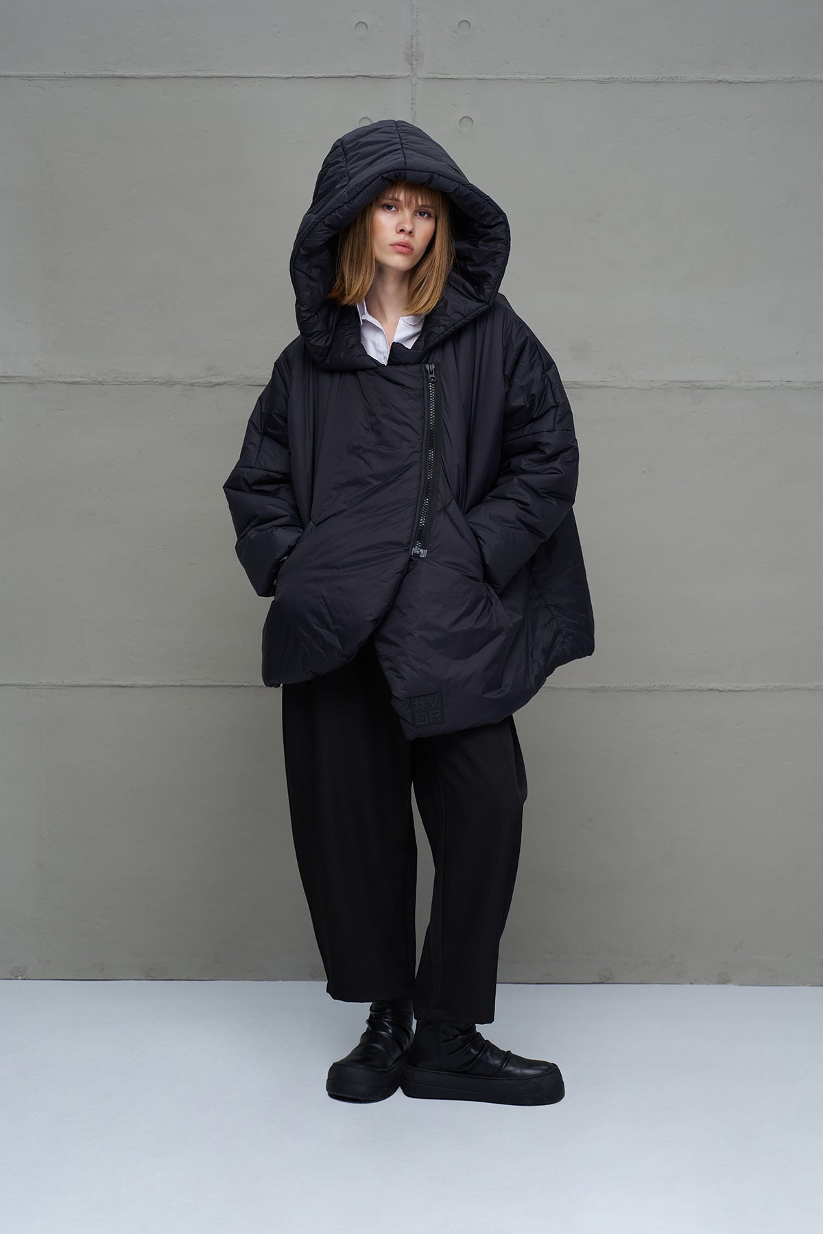 Black Asymmetric Oversize Puffer Coat 18256