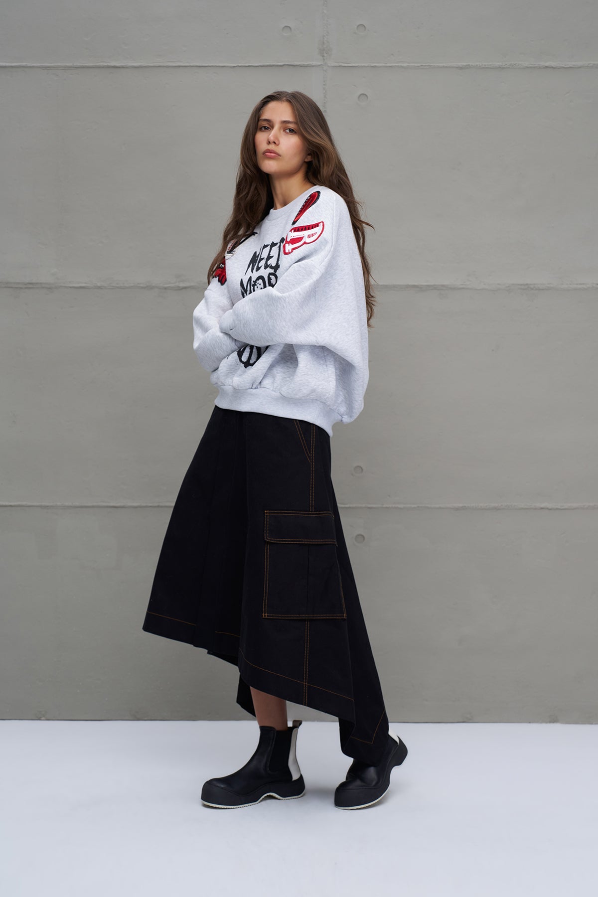 Grey Melange Slogan Oversize Sweatshirt 18262