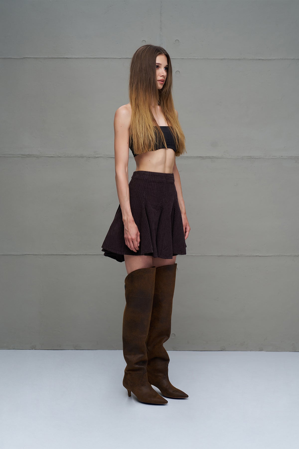 Brown Corduroy Pleated Mini Skirt 18268