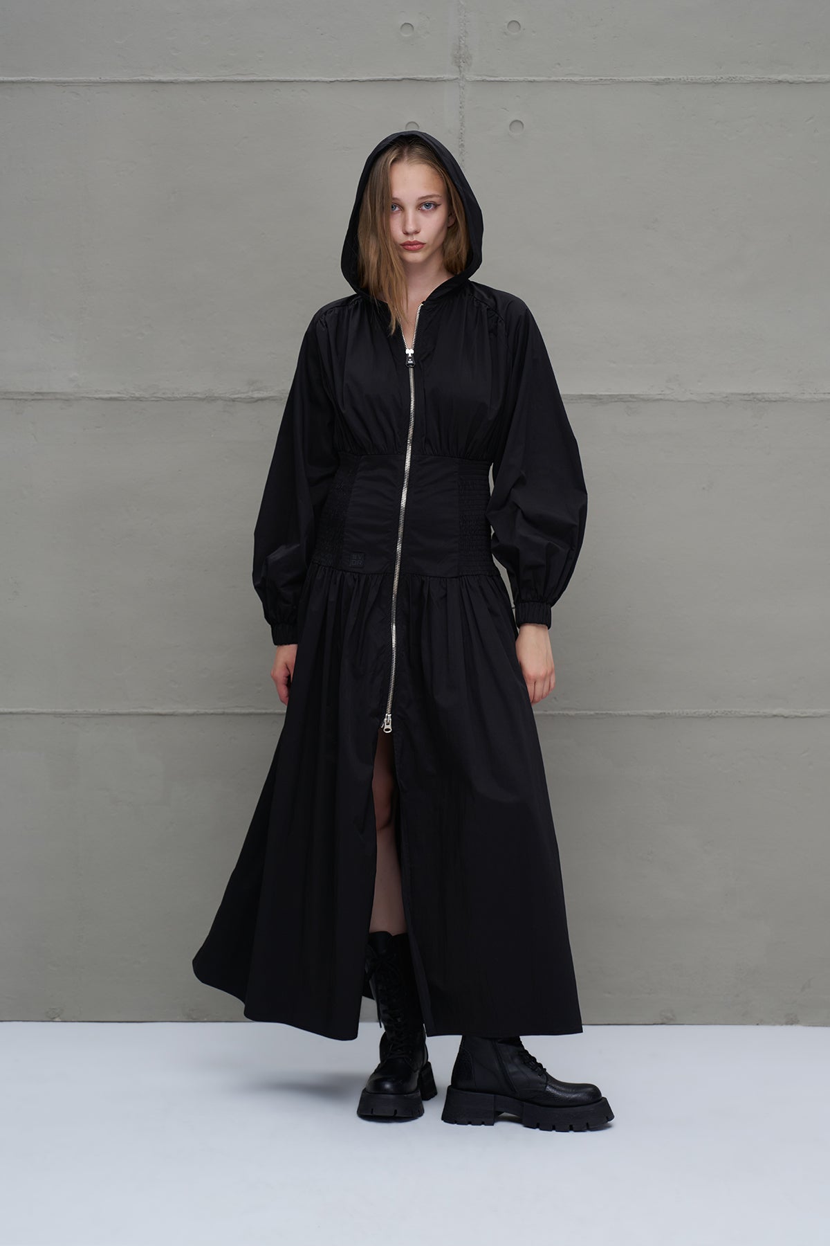 Black Zippered Drawstring Waist Dress 18277