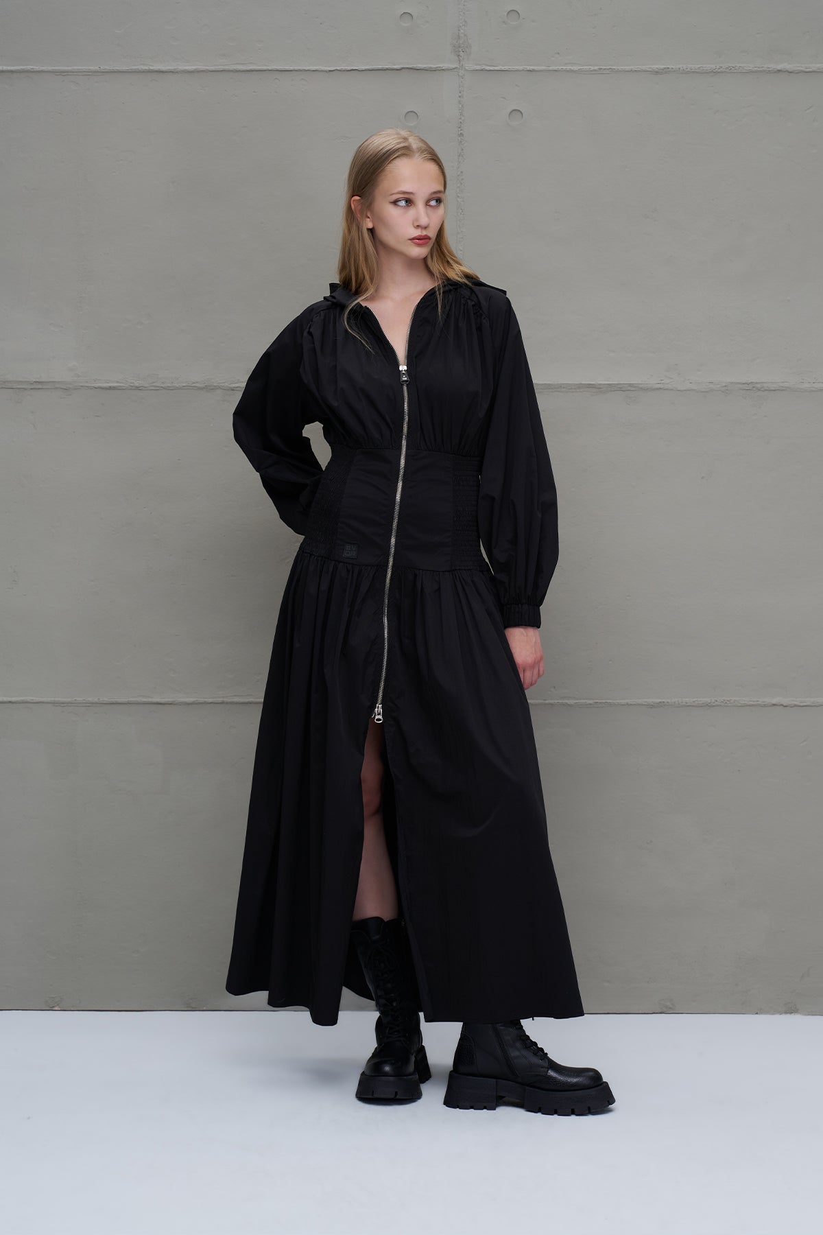Black Zippered Drawstring Waist Dress 18277
