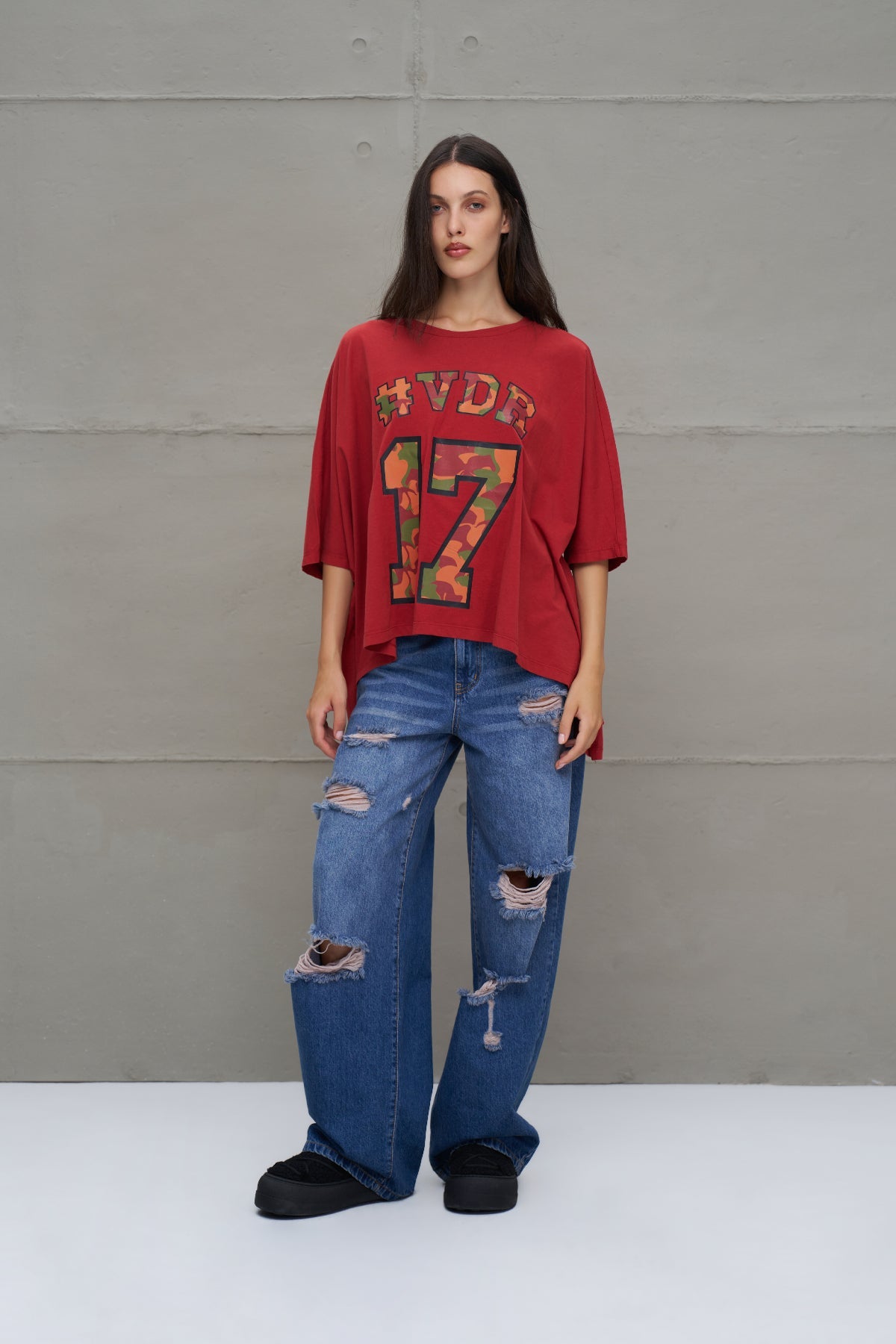 Maroon Printed Asymmetric Oversize T-shirt 18282
