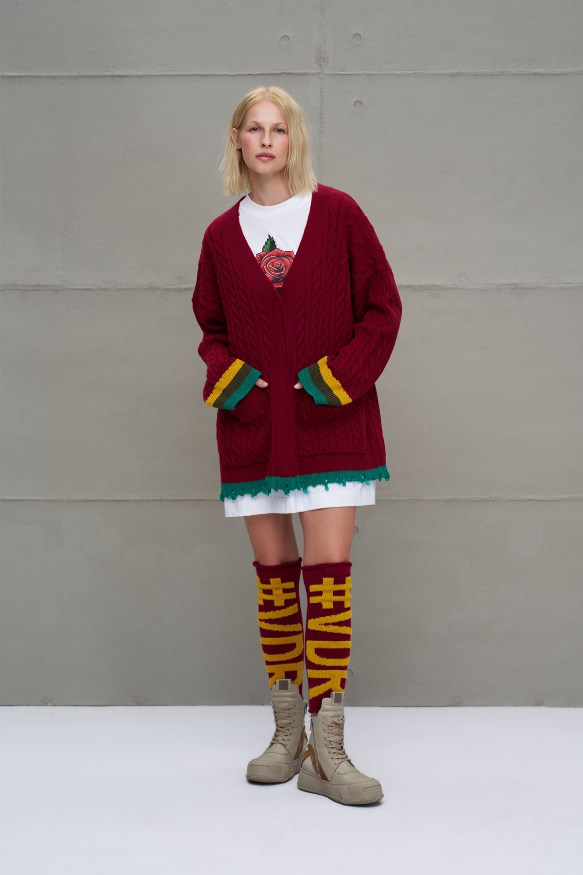 Burgundy Mustard Logo Detailed Knit Leggings Leg Warmers 18287