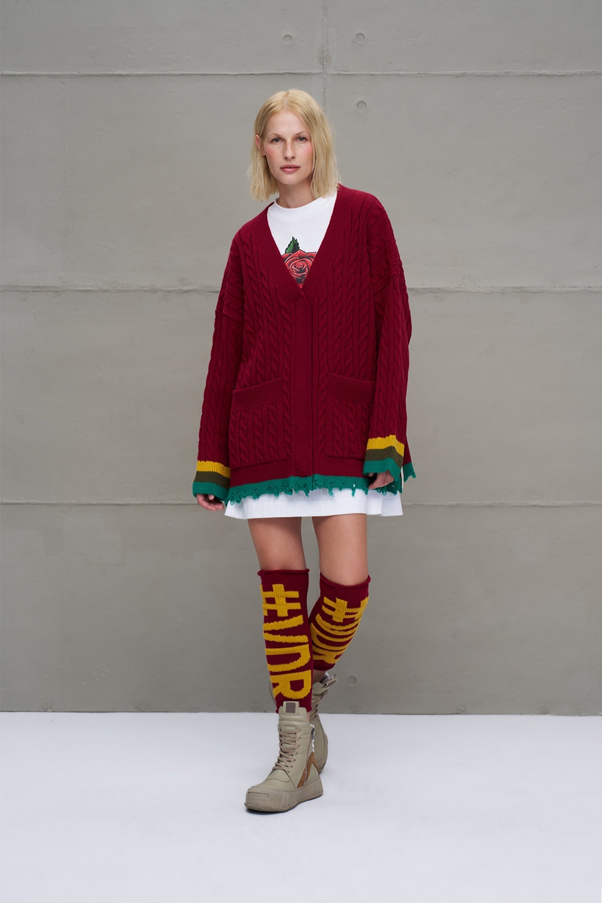 Burgundy Mustard Logo Detailed Knit Leggings Leg Warmers 18287