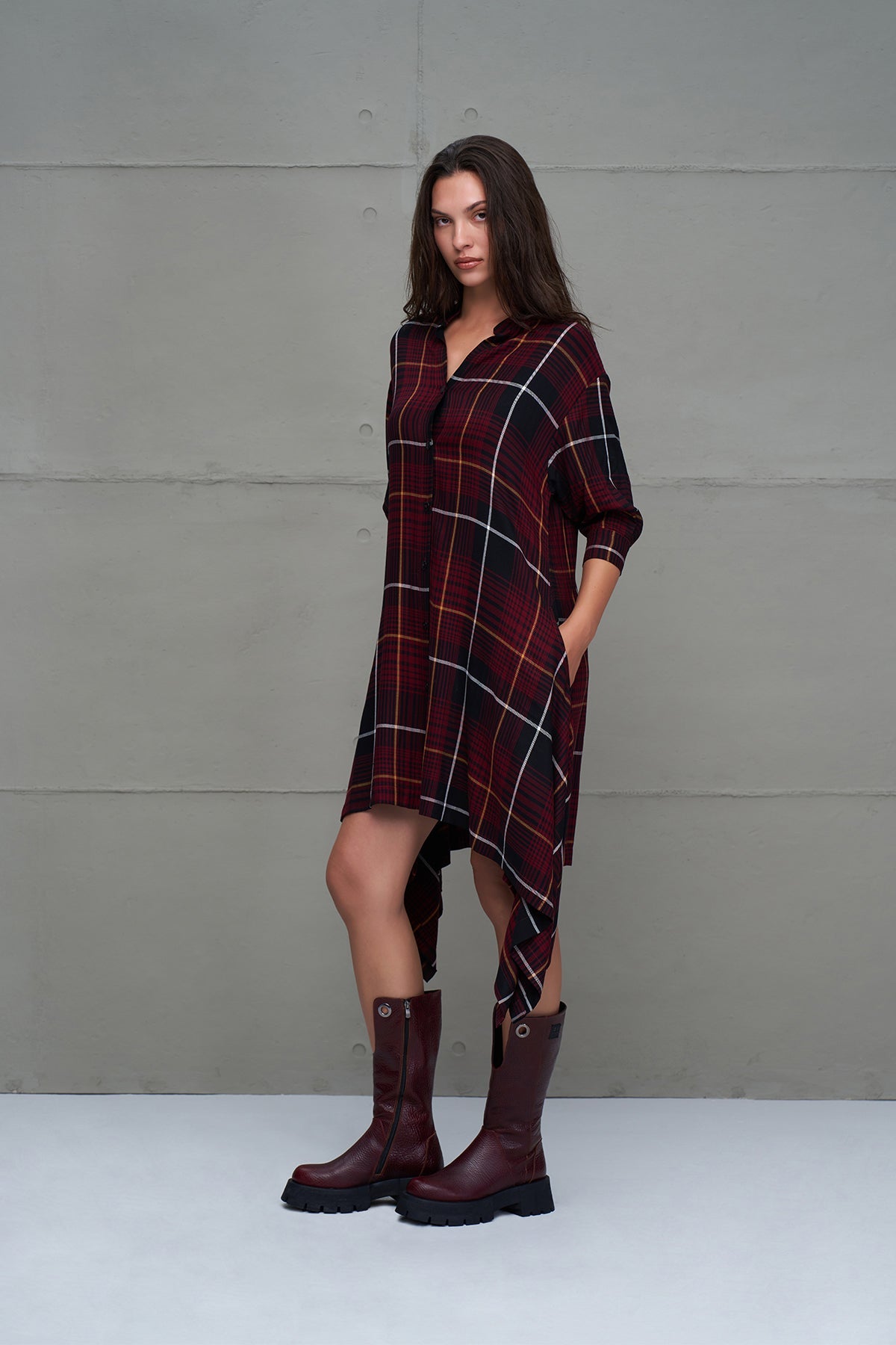 Black Burgundy Plaid Asymmetric Long Dress 18291