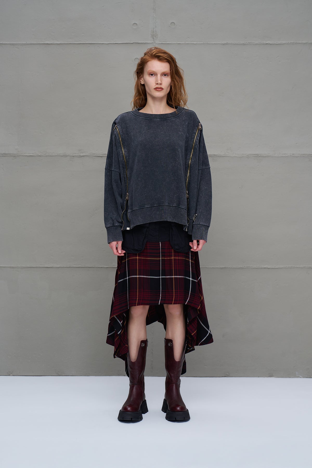 Black Burgundy Plaid Asymmetric Midi Skirt 18292