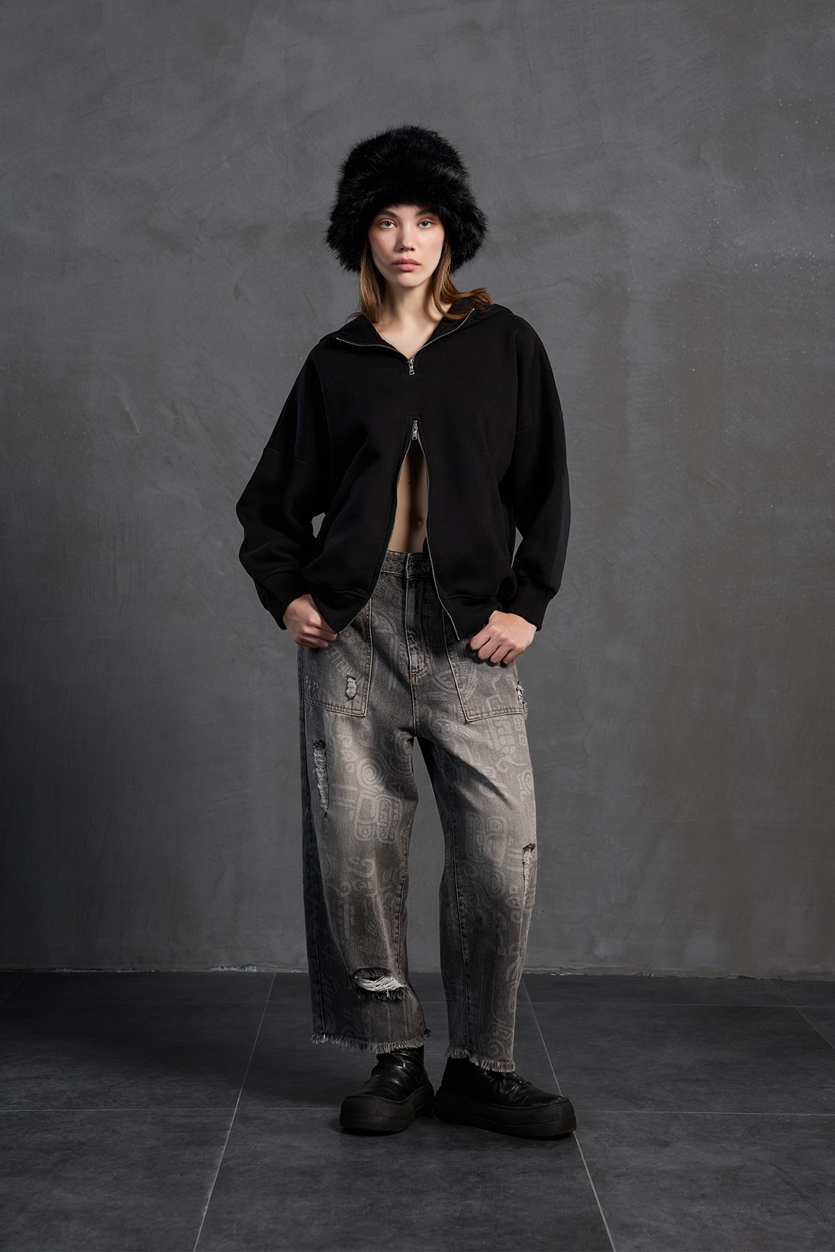 Black Faux Fur Hat Fnilip