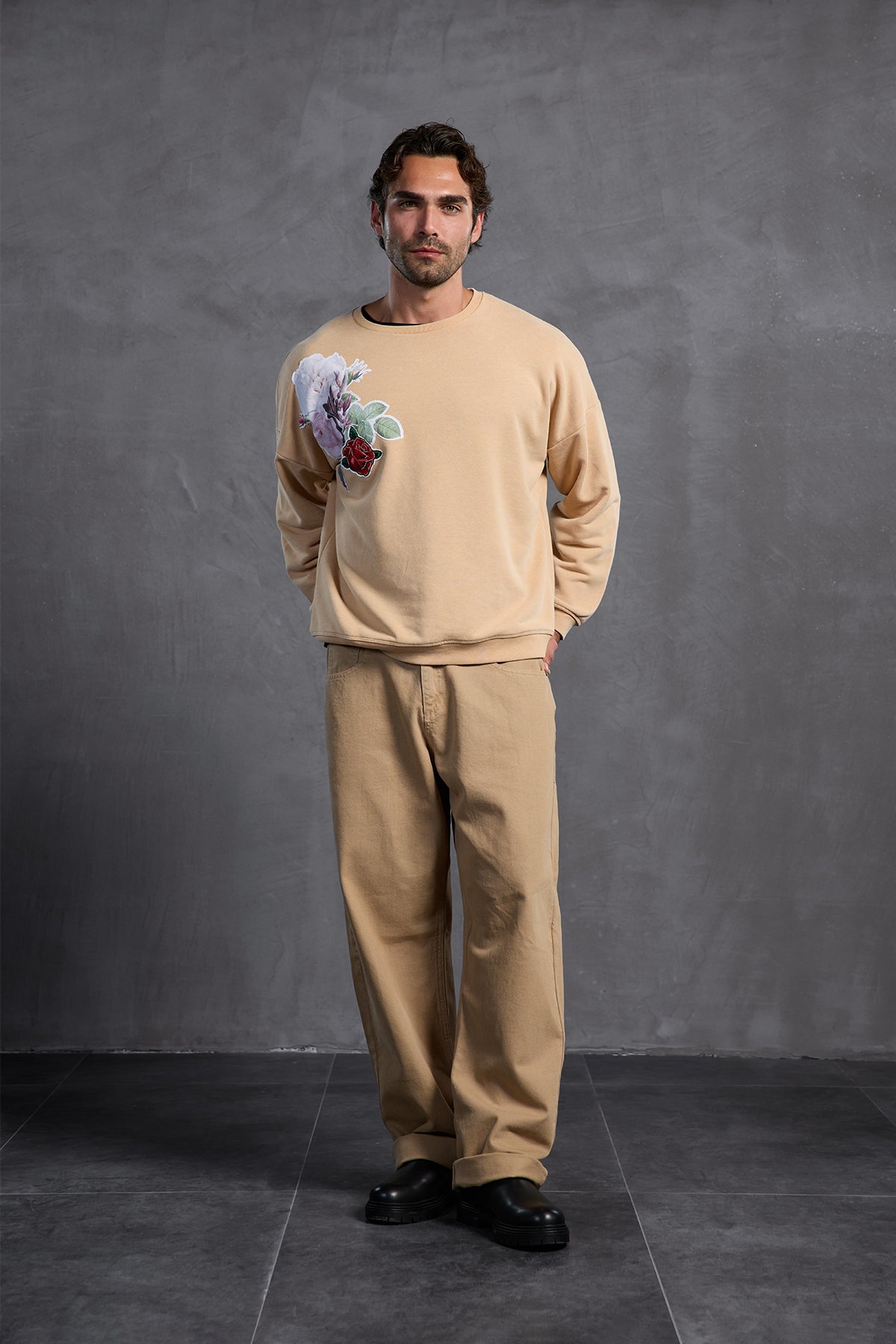 Beige Printed Crew Neck Sweatshirt 10001