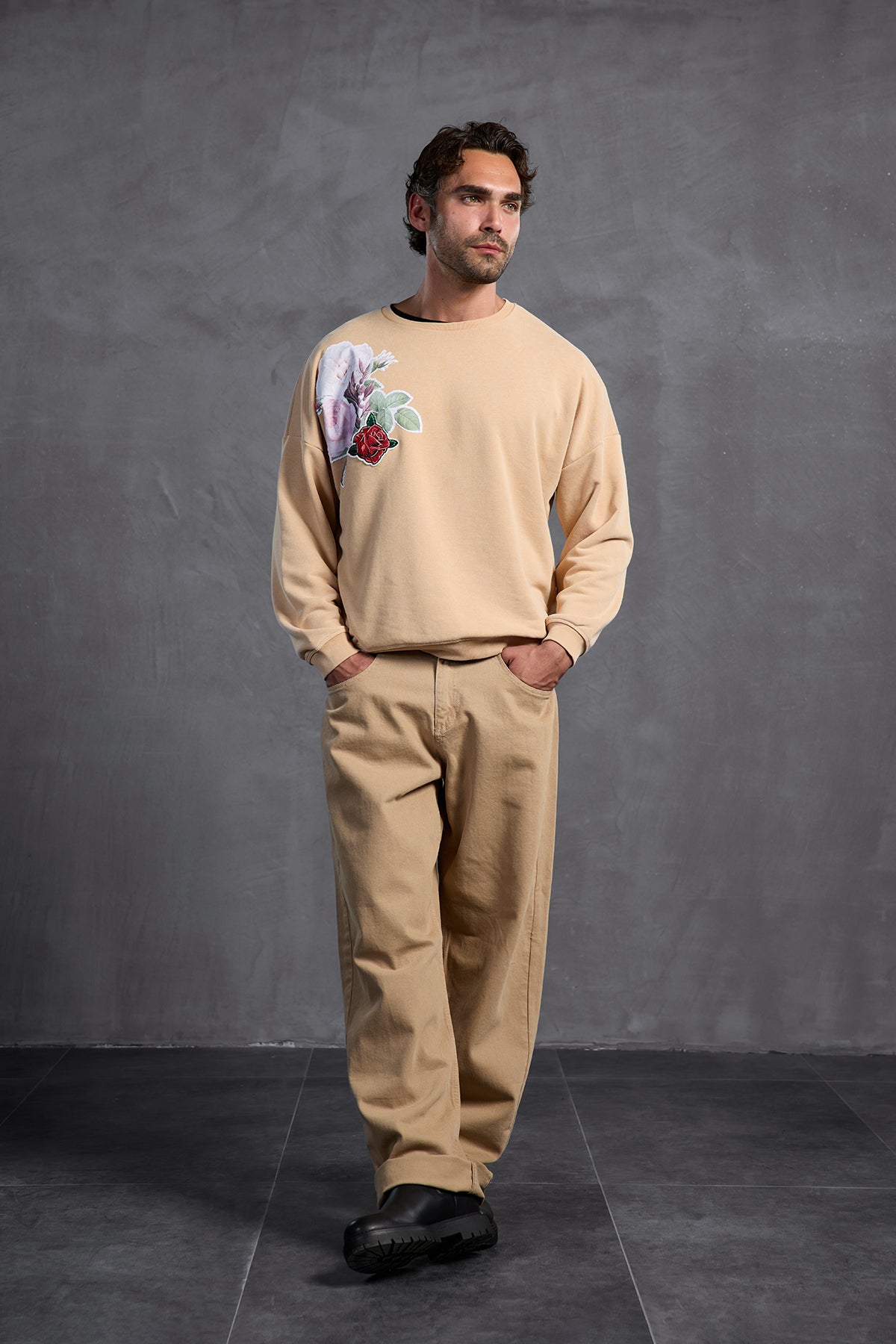 Beige Printed Crew Neck Sweatshirt 10001