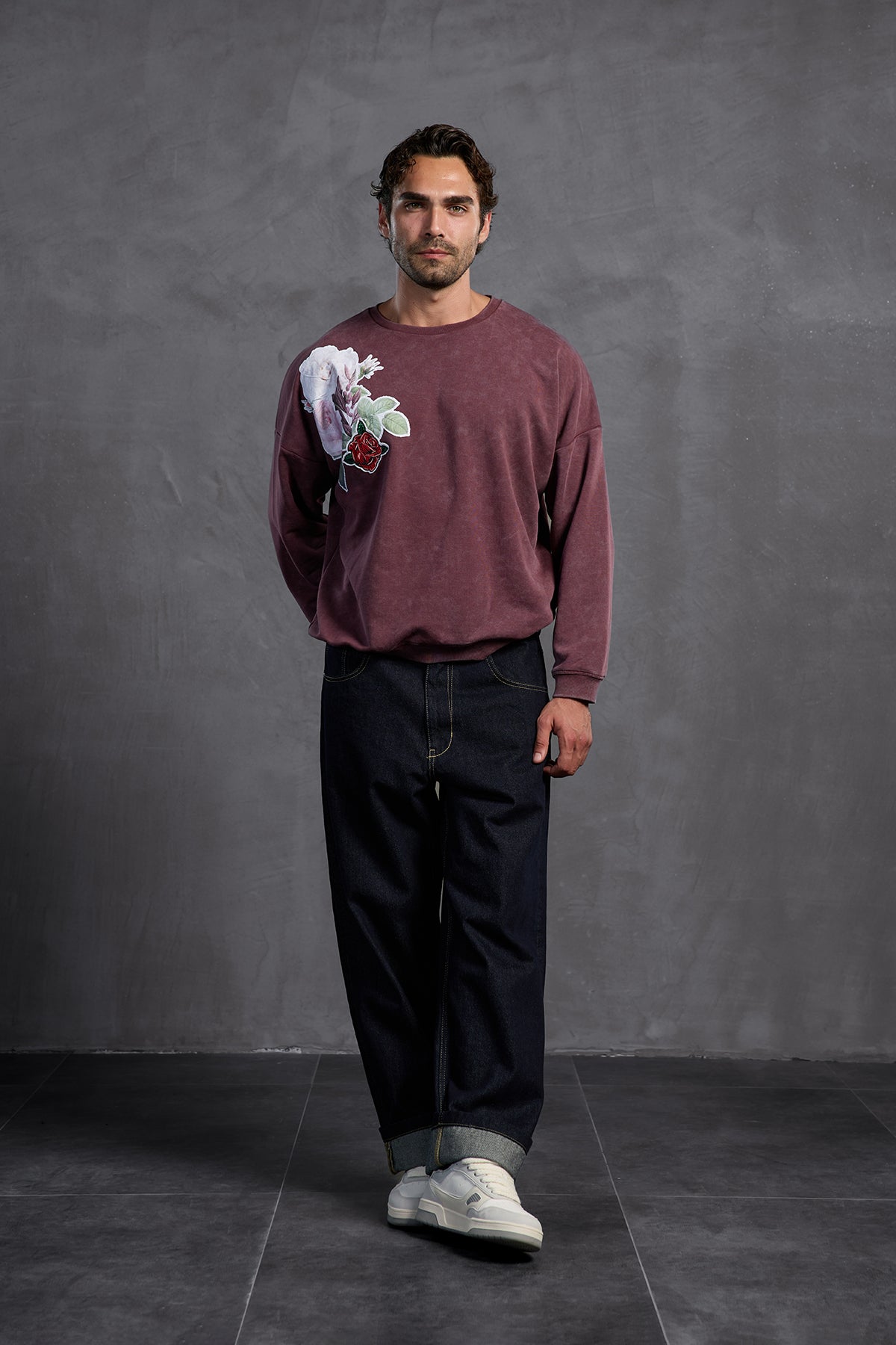 Burgundy Printed Crew Neck Sweatshirt 10001