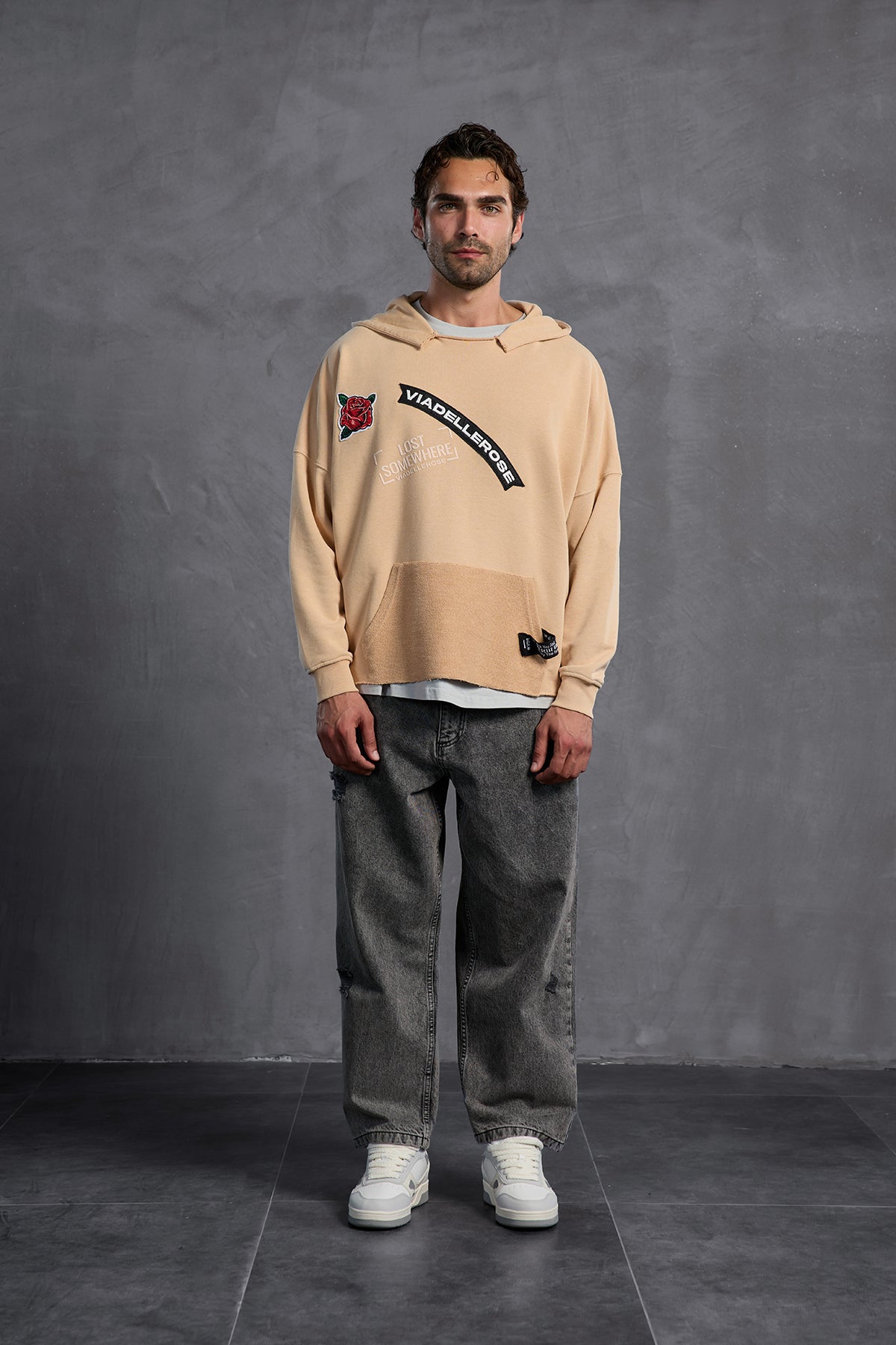 Beige Patch Hooded Sweatshirt 10003