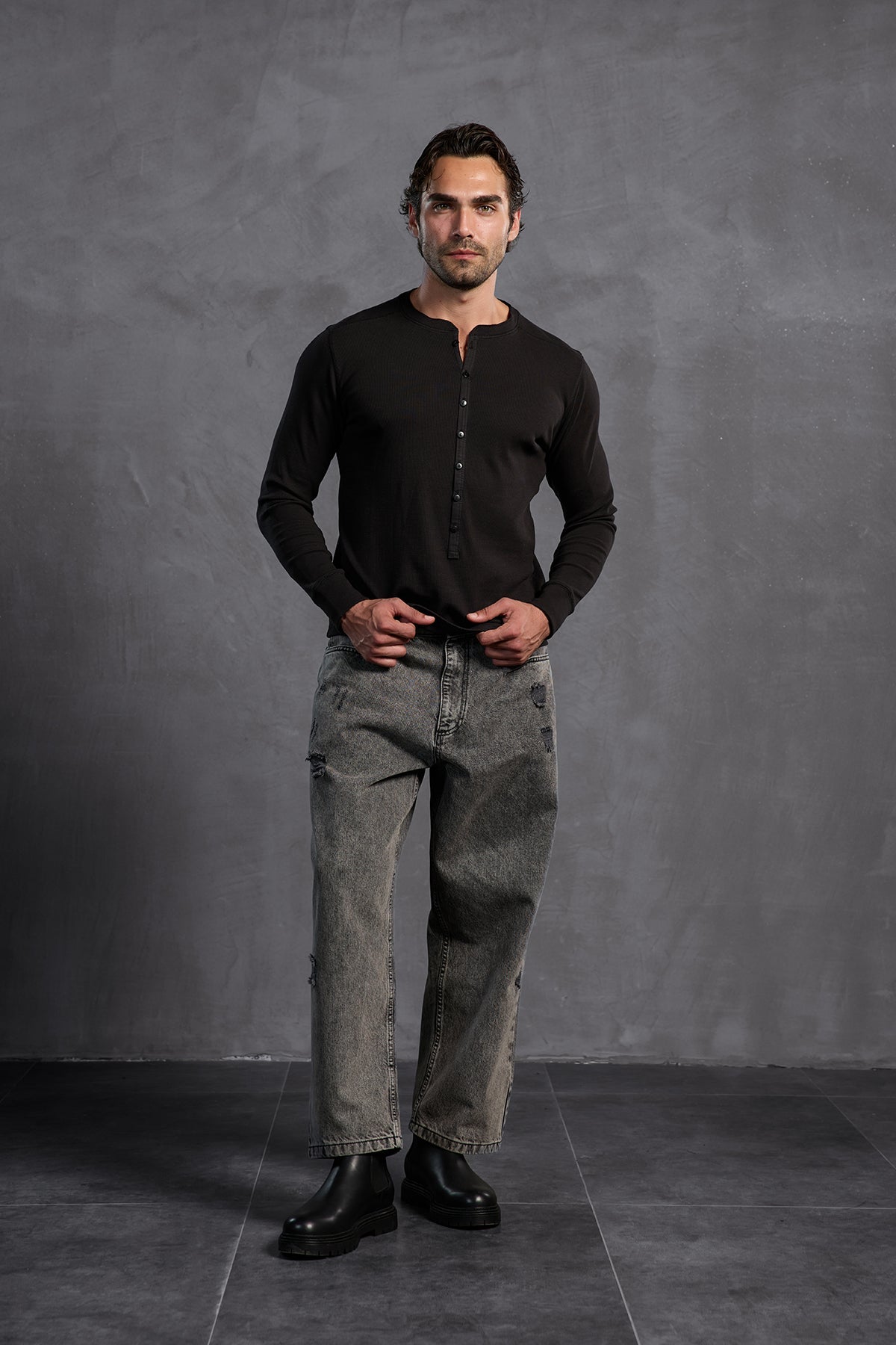 Black Ribbed Front Buttoned T-shirt 10025