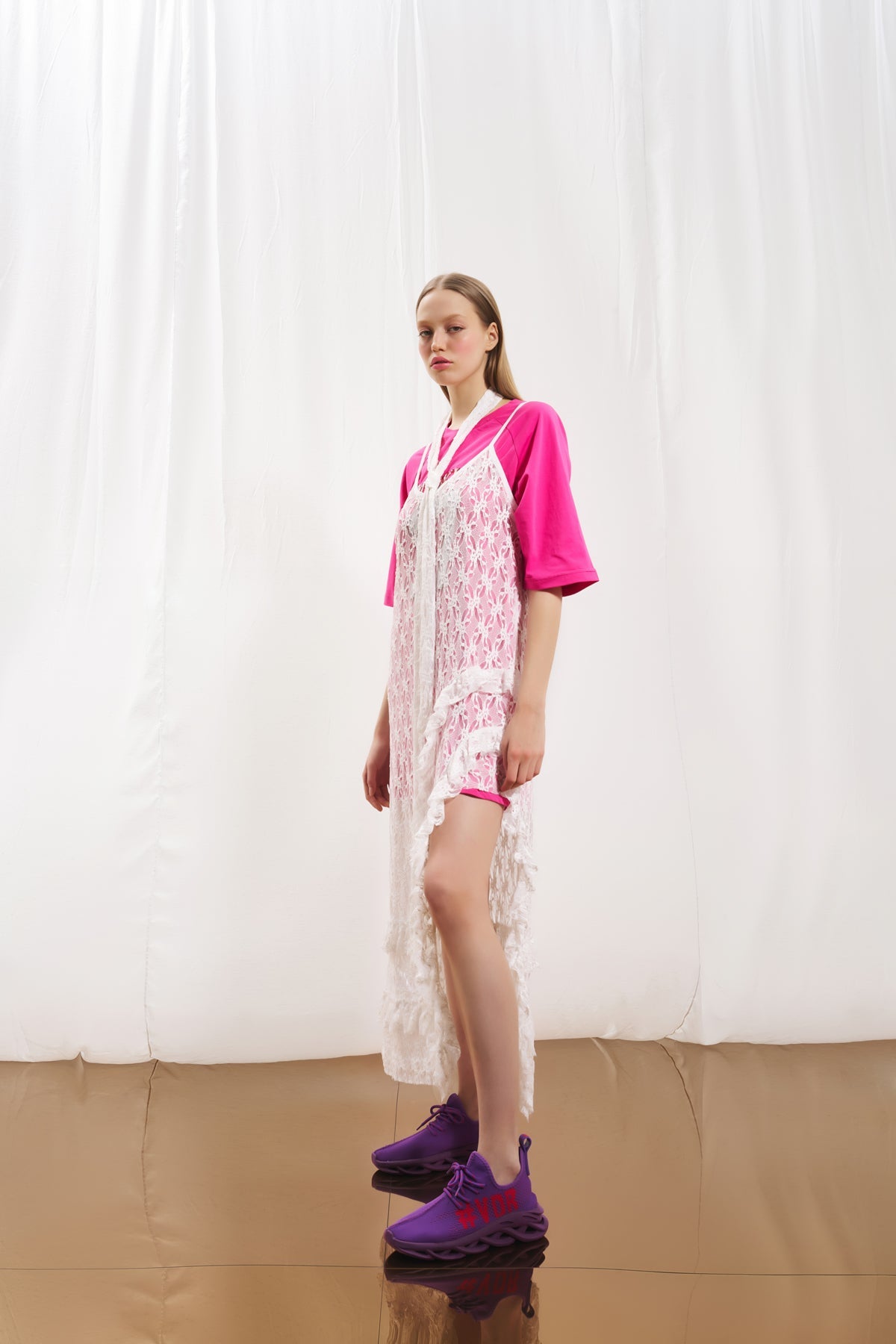 Off White Asymmetric Lace Dress 17136
