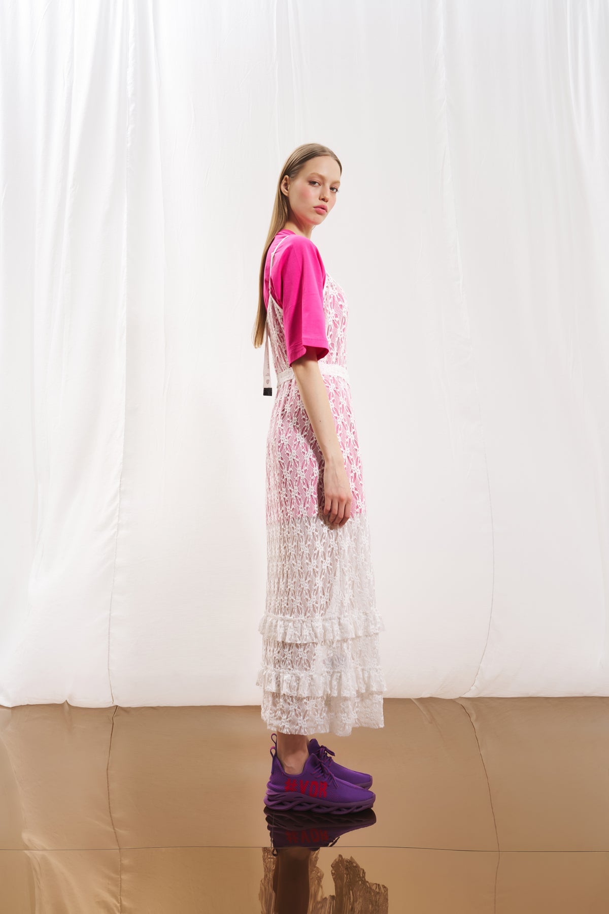 Off White Asymmetric Lace Dress 17136