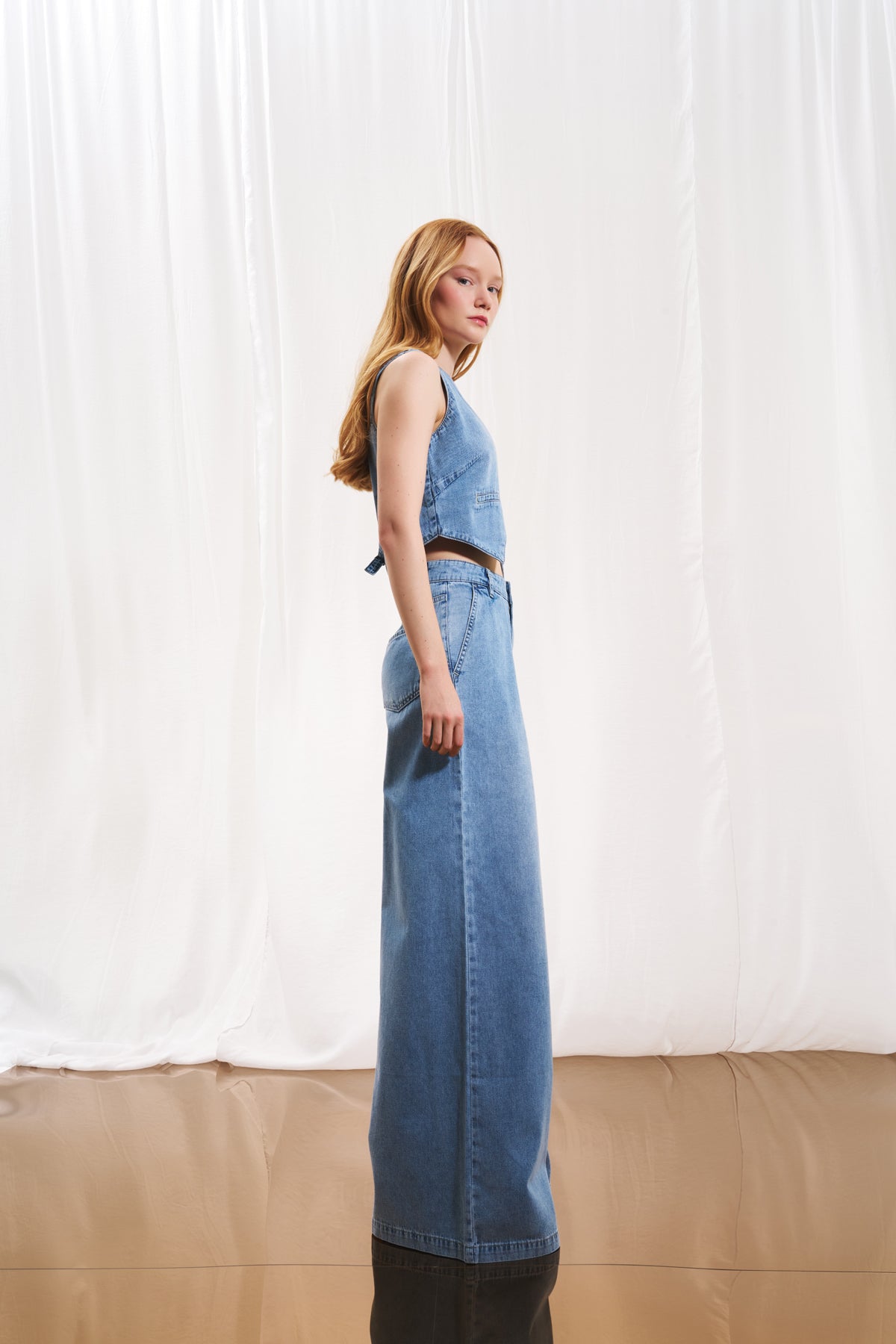 Light Blue Pleated Wide-leg Denim Trousers 17220