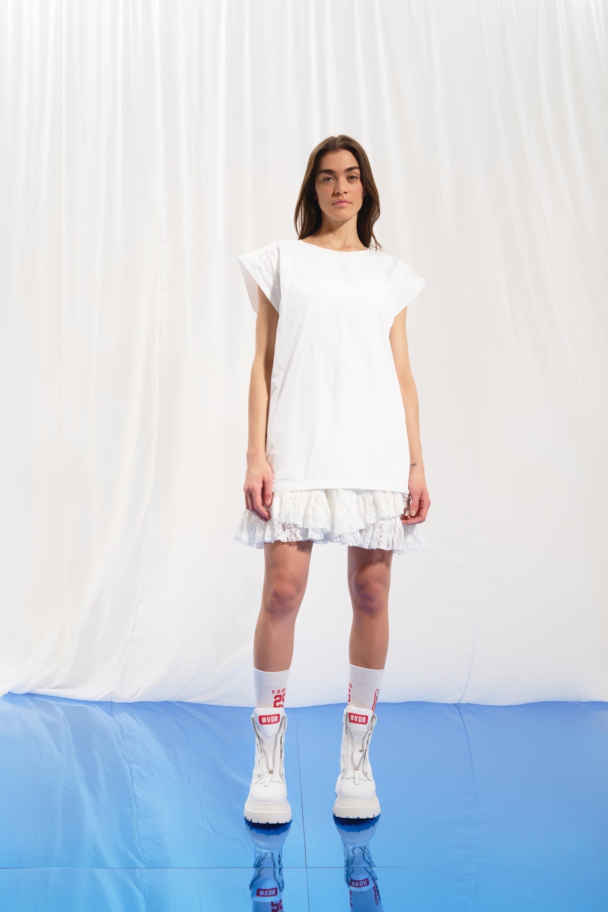White Contrast Print Mini Dress 17231