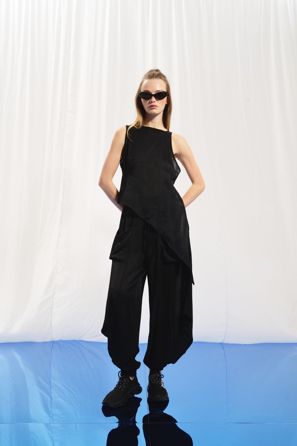 Black Asymmetric Satin Blouse 17260