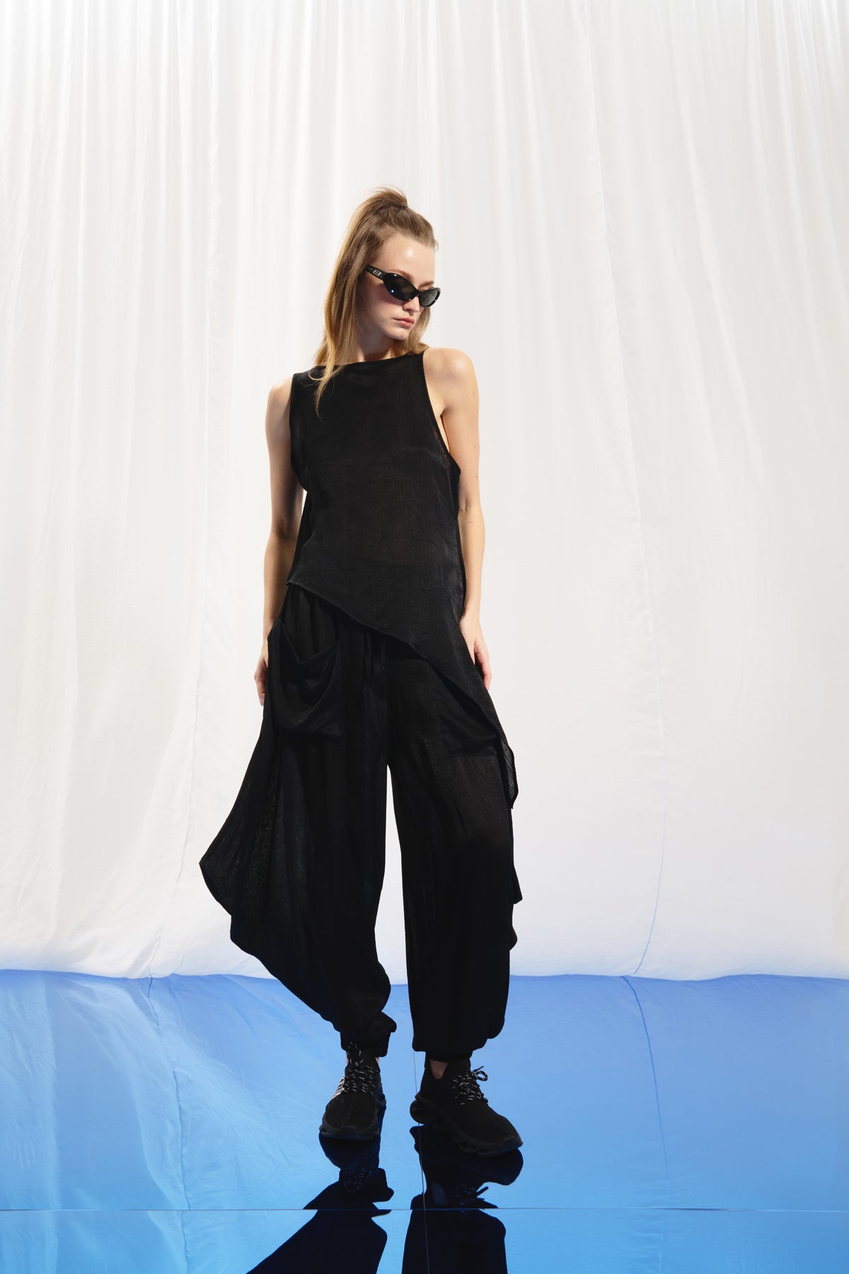 Black Asymmetric Satin Blouse 17260