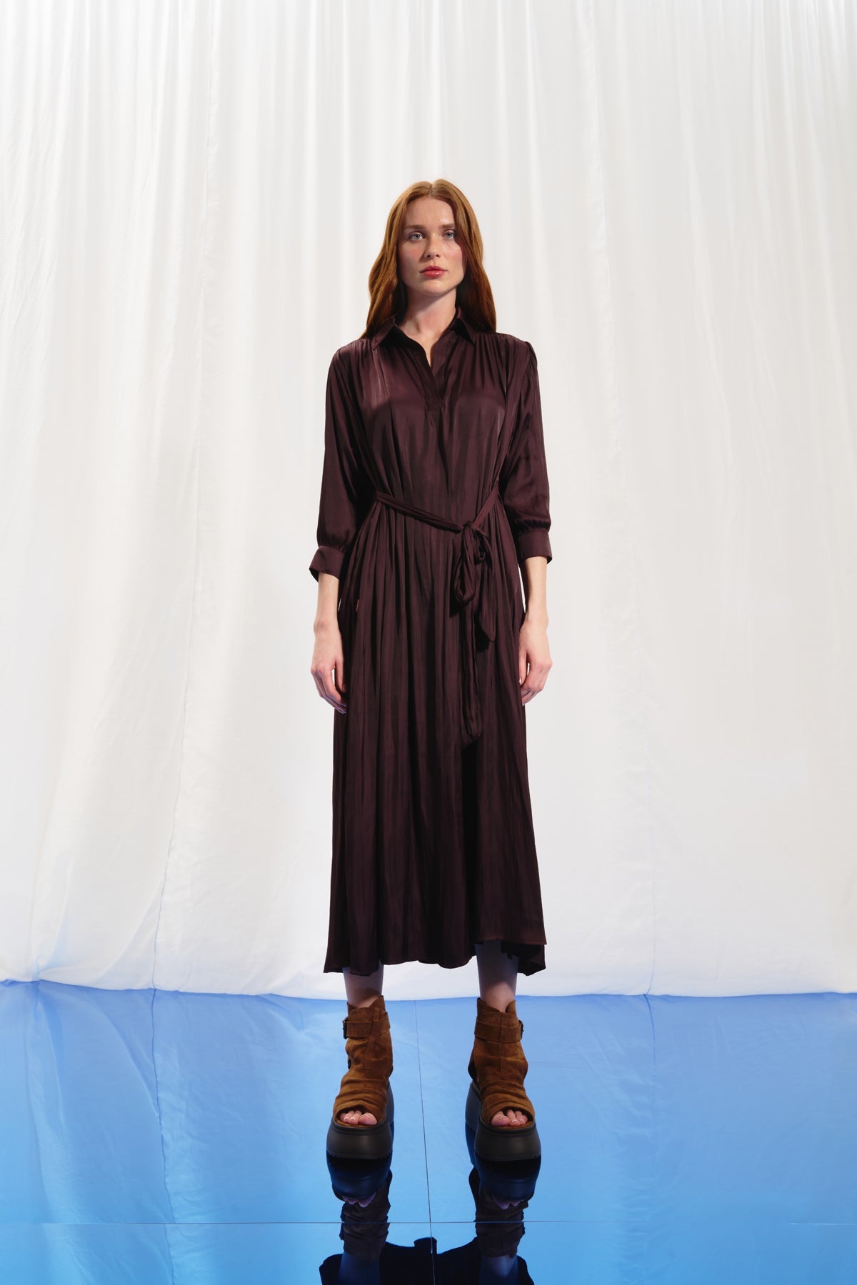 Burgundy Satin Midi Shirt Dress 17281