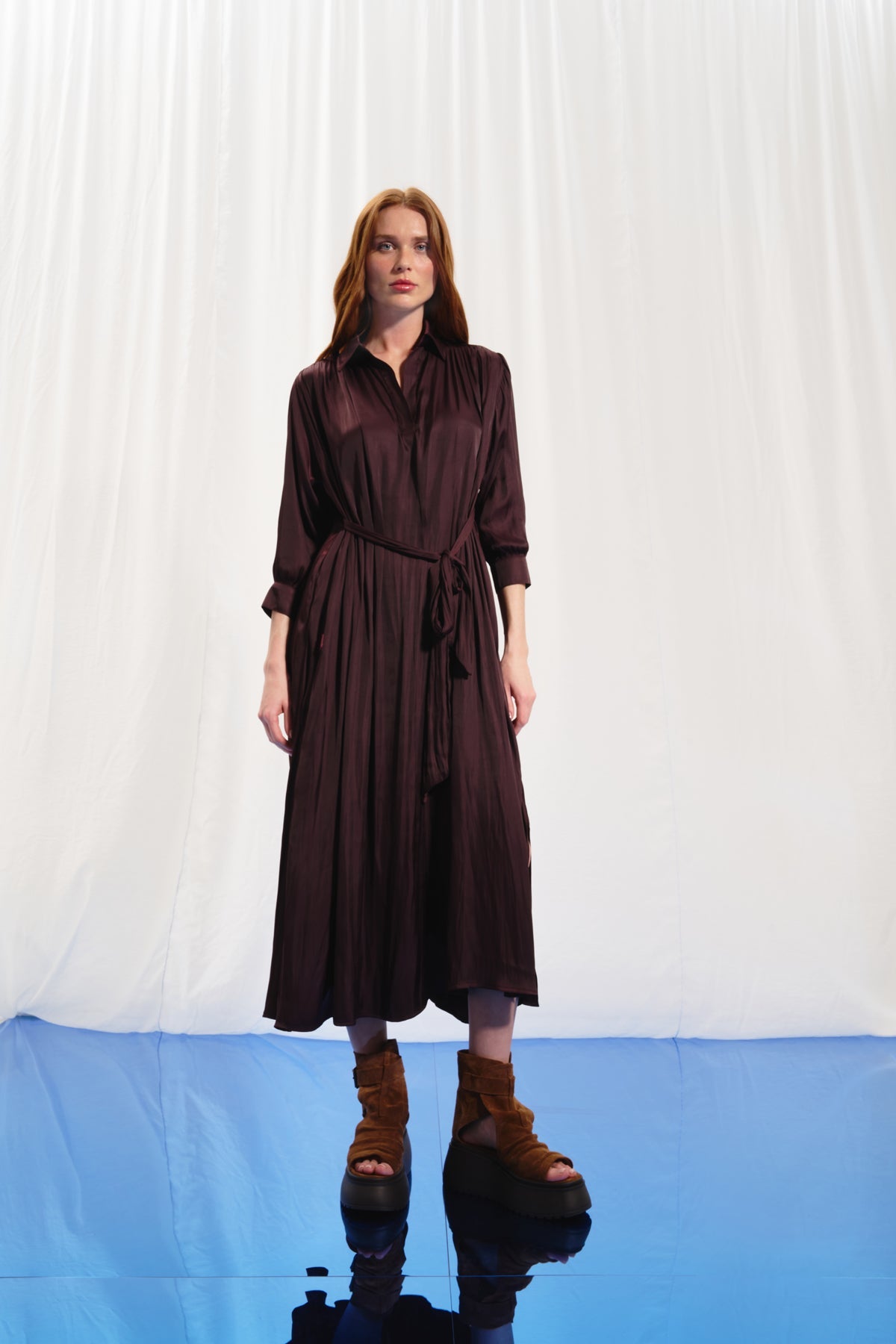 Burgundy Satin Midi Shirt Dress 17281