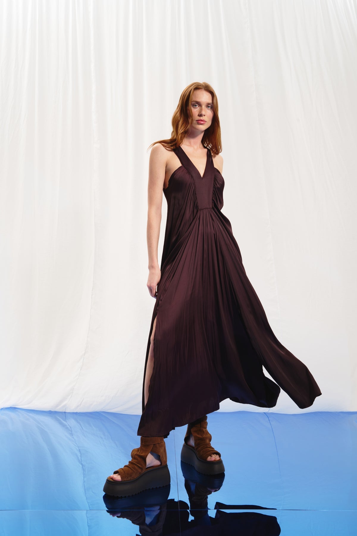 Burgundy V-neck Satin Midi Dress 17282