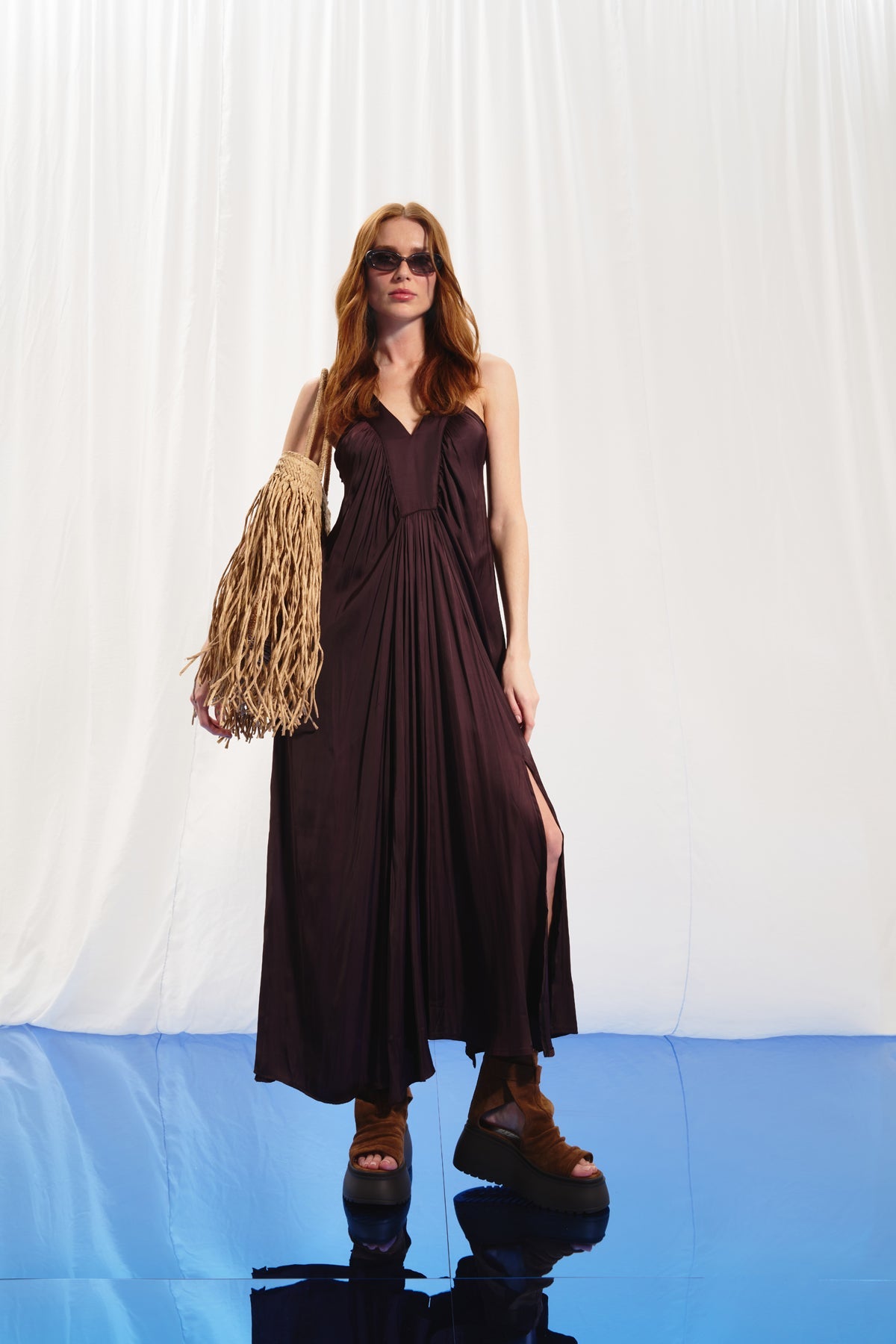 Burgundy V-neck Satin Midi Dress 17282