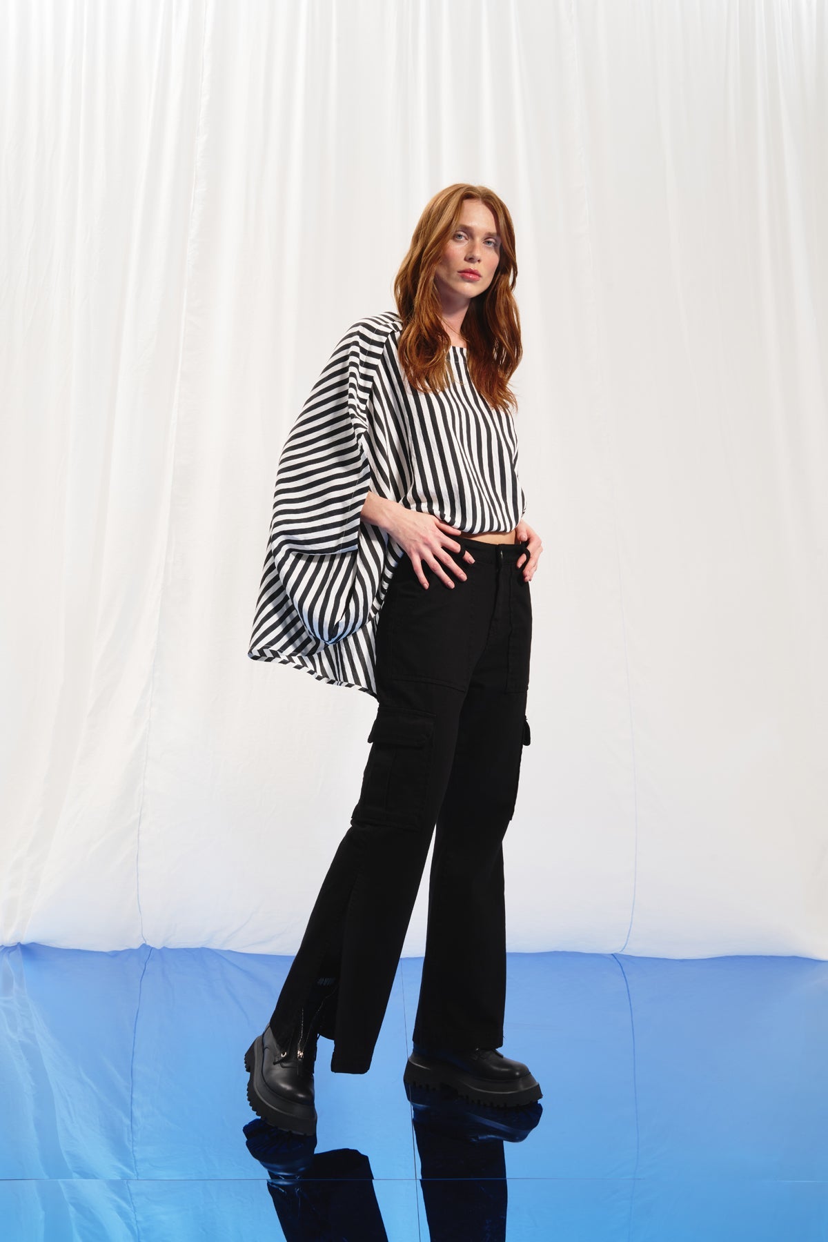 Black White Striped Asymmetric Blouse 17290
