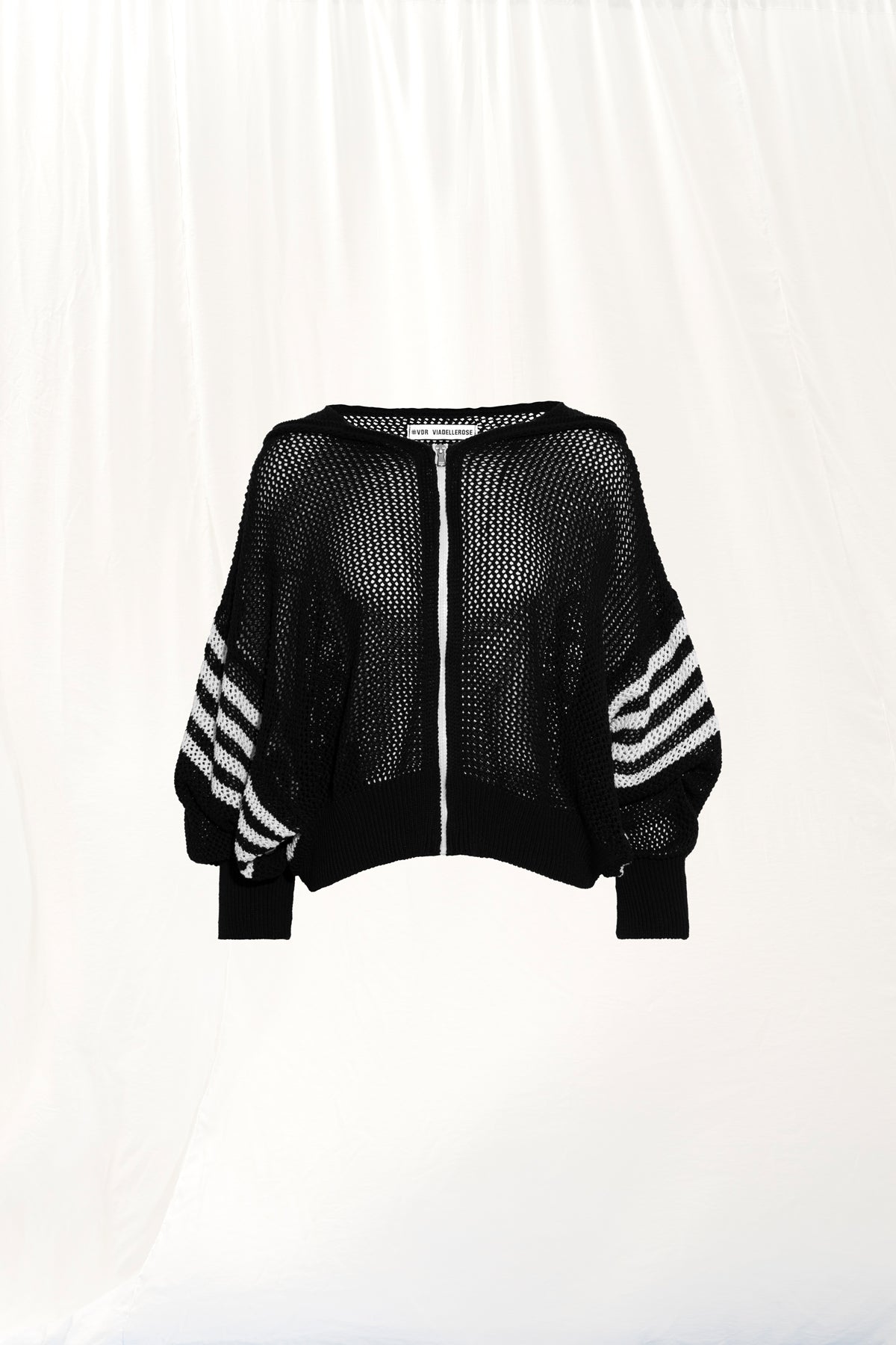 Black Off White Zip-up Hooded Mesh Knit Sweater 17382