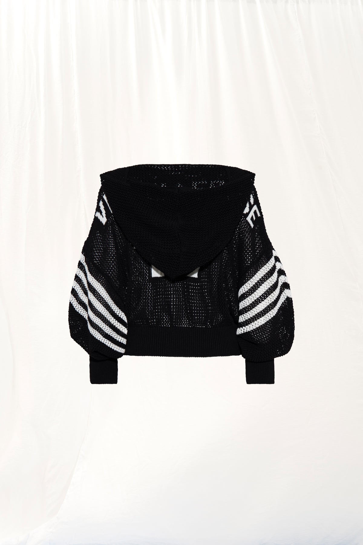 Black Off White Zip-up Hooded Mesh Knit Sweater 17382