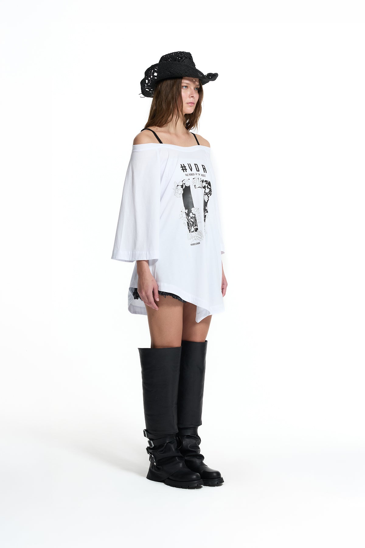 White Asymmetric Strap Detail Vdr Print Tunic 19013