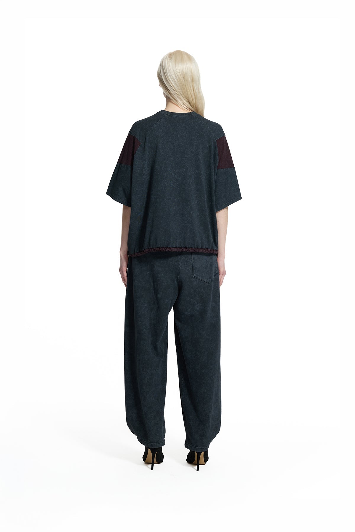 Black Washed Burgundy Detail Drawstring Hem Vdr Print Oversize T-shirt 19014