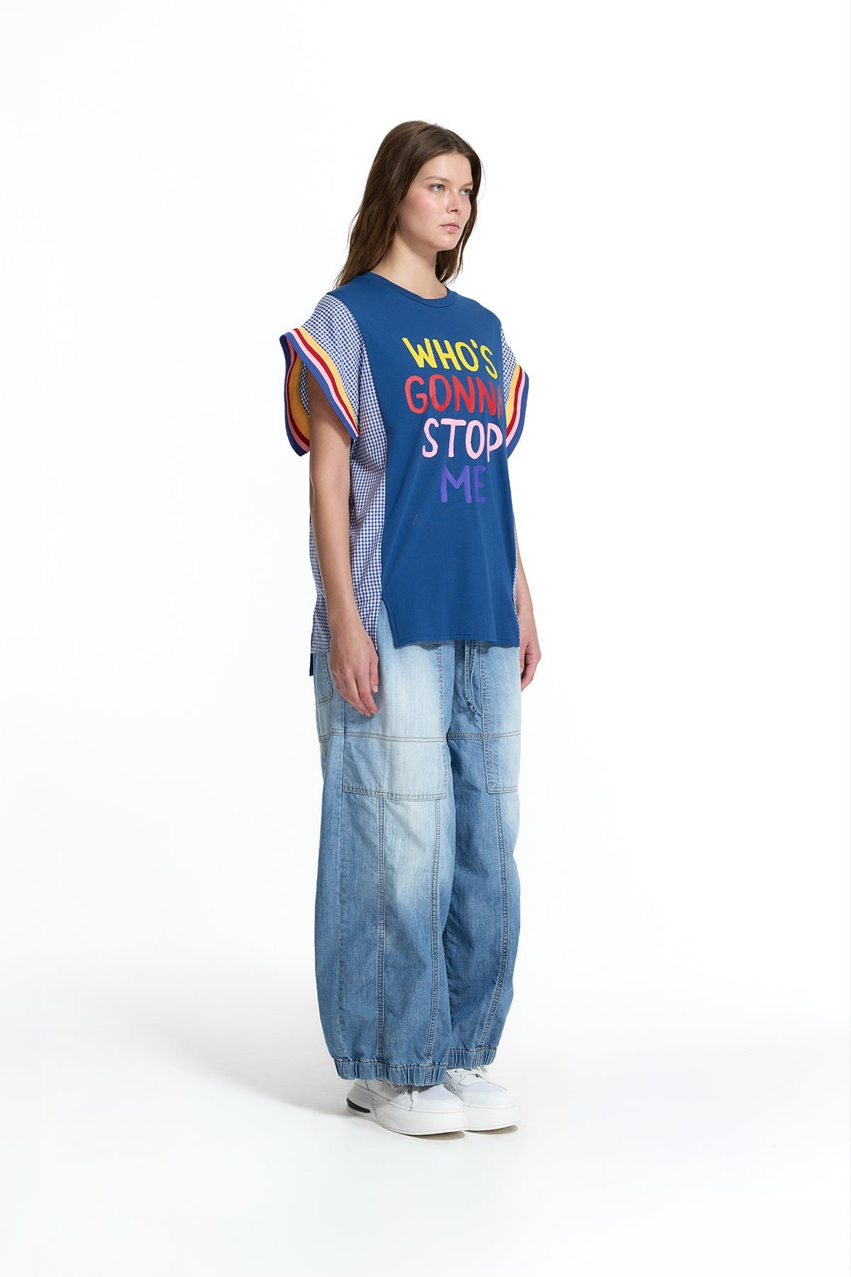 Blue Front Slogan Print Contrast Detail Vdr Oversize T-shirt 19018